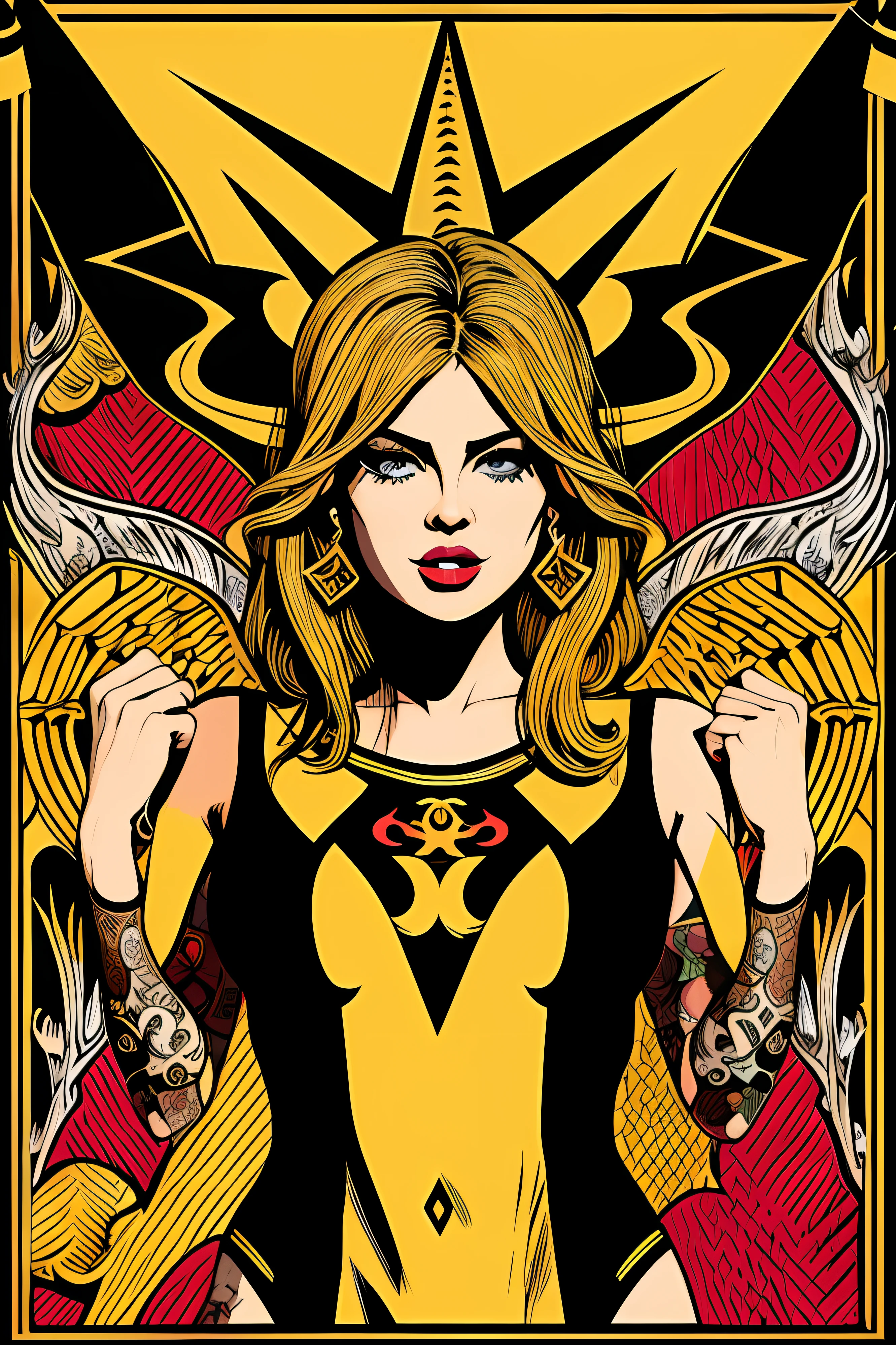 Flyer, woman in swimsuit, Mexican decoration, Satan,
vector flat, gold, black,
Aaron Horkey,
masterpiece, ultra high res, high quality,