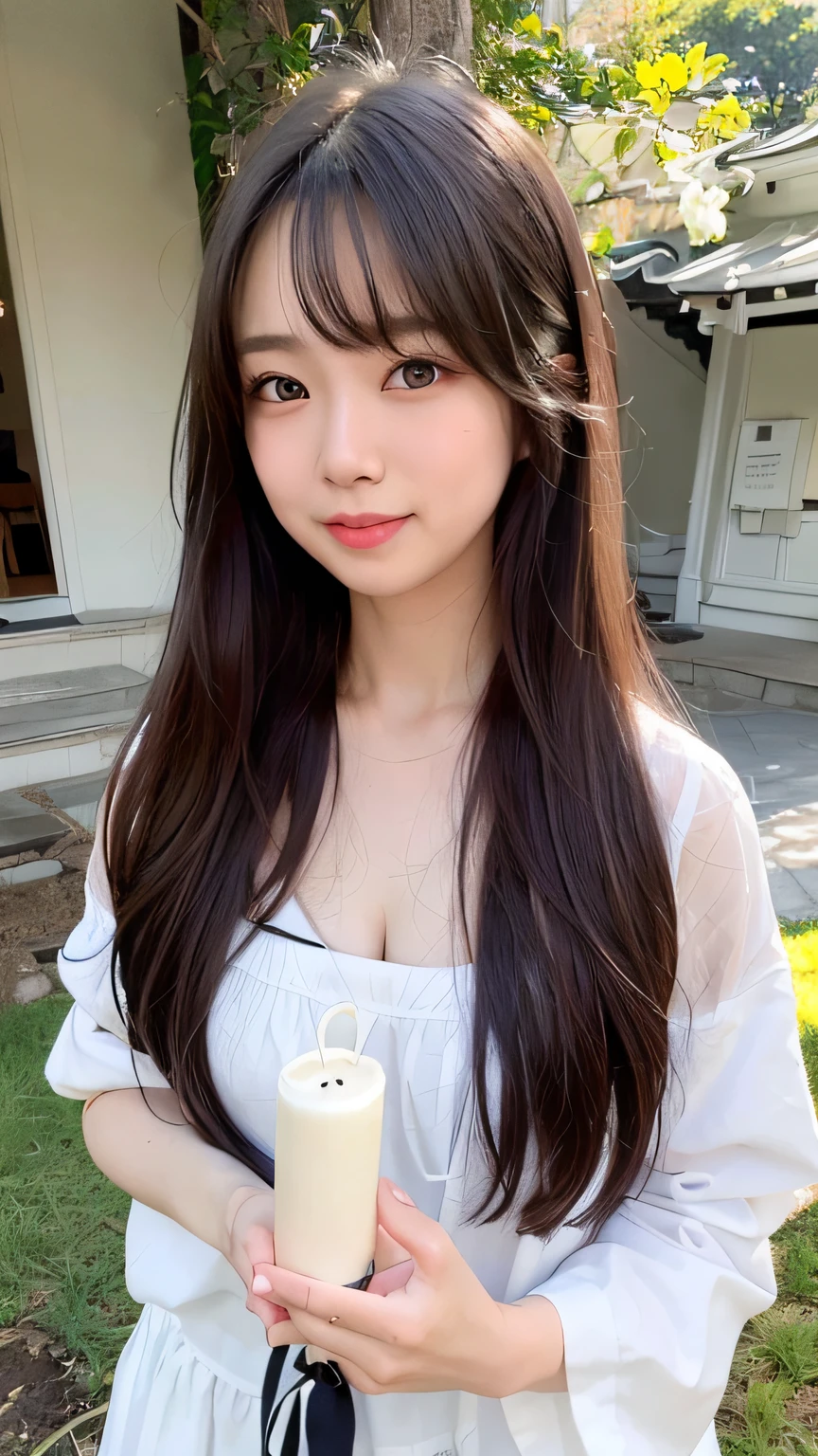 laughing、white clothes、A dark-haired、chapel