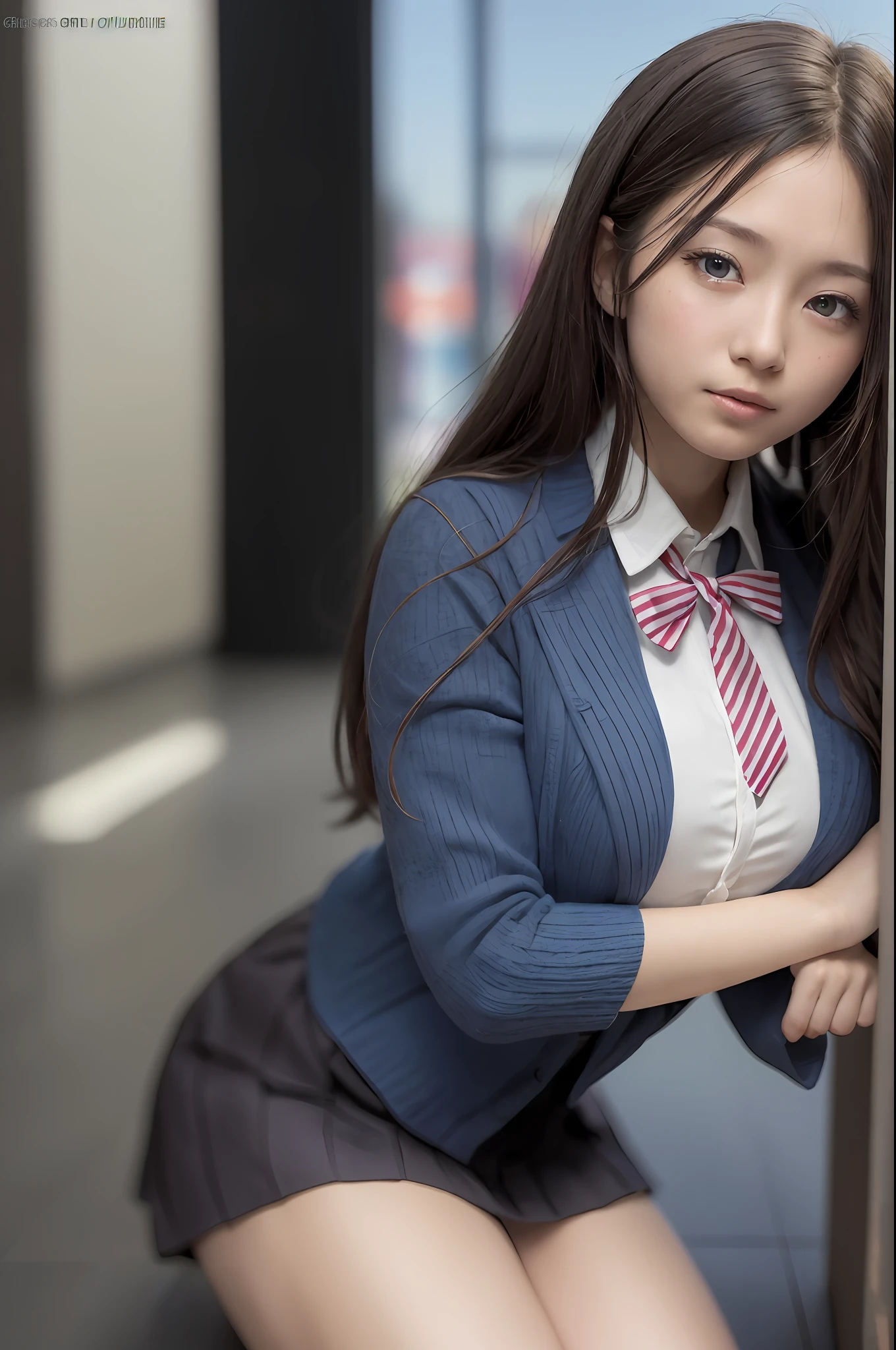 ((top-quality、​masterpiece:1.3))、((Russian beauties))、1 female、14years、large full breasts:1.1、Slender body type:1.6、Toned abs、Blonde semi-long hair、((Japan schoolgirl uniform:1.5))、Super Detailed Face、Detailed lips、detailedeyes、二重まぶた、Plump smile、blue-sky、​​clouds、Looking to the right、blue eyess、wide Shots、full body wide shot、Model pose posing with hands on buttocks