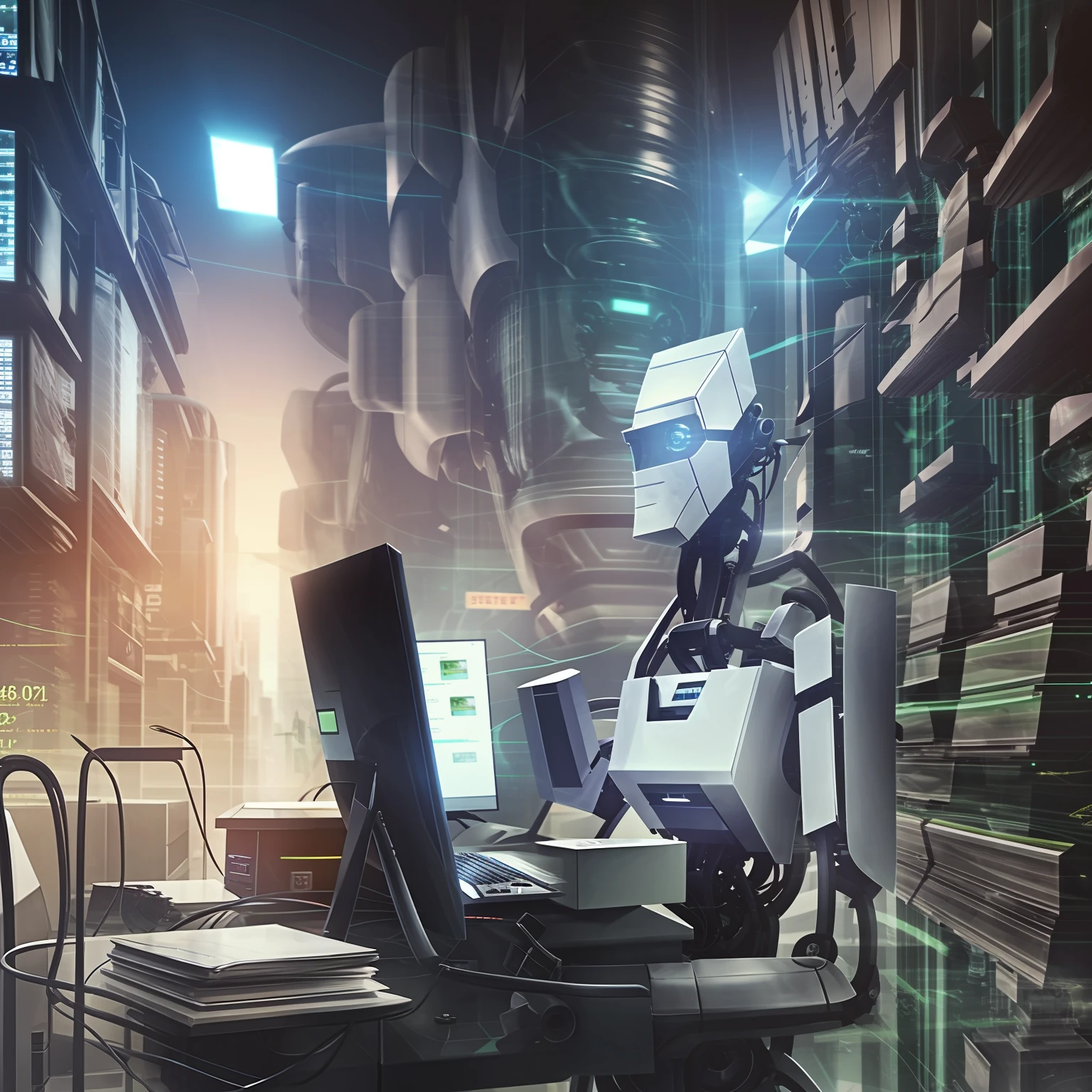 robot trader in front of a computer operating the market