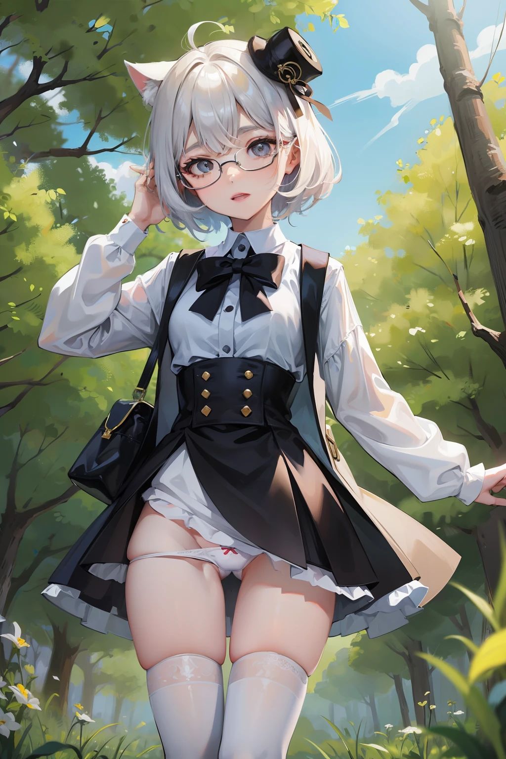 Girl showing panties with a disgusting face、White panty、eye glass、In the woods、