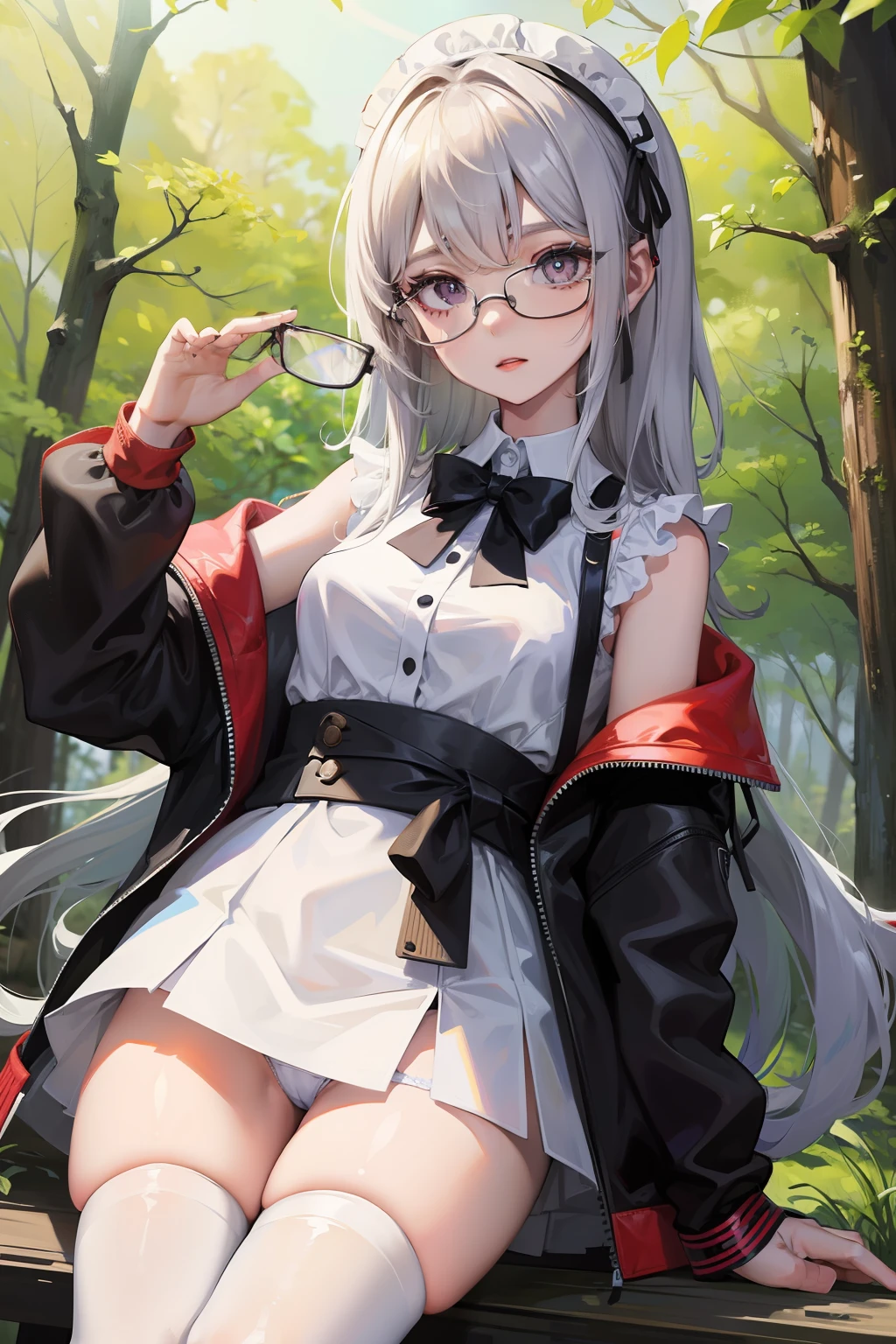 Girl showing panties with a disgusting face、White panty、eye glass、In the woods、