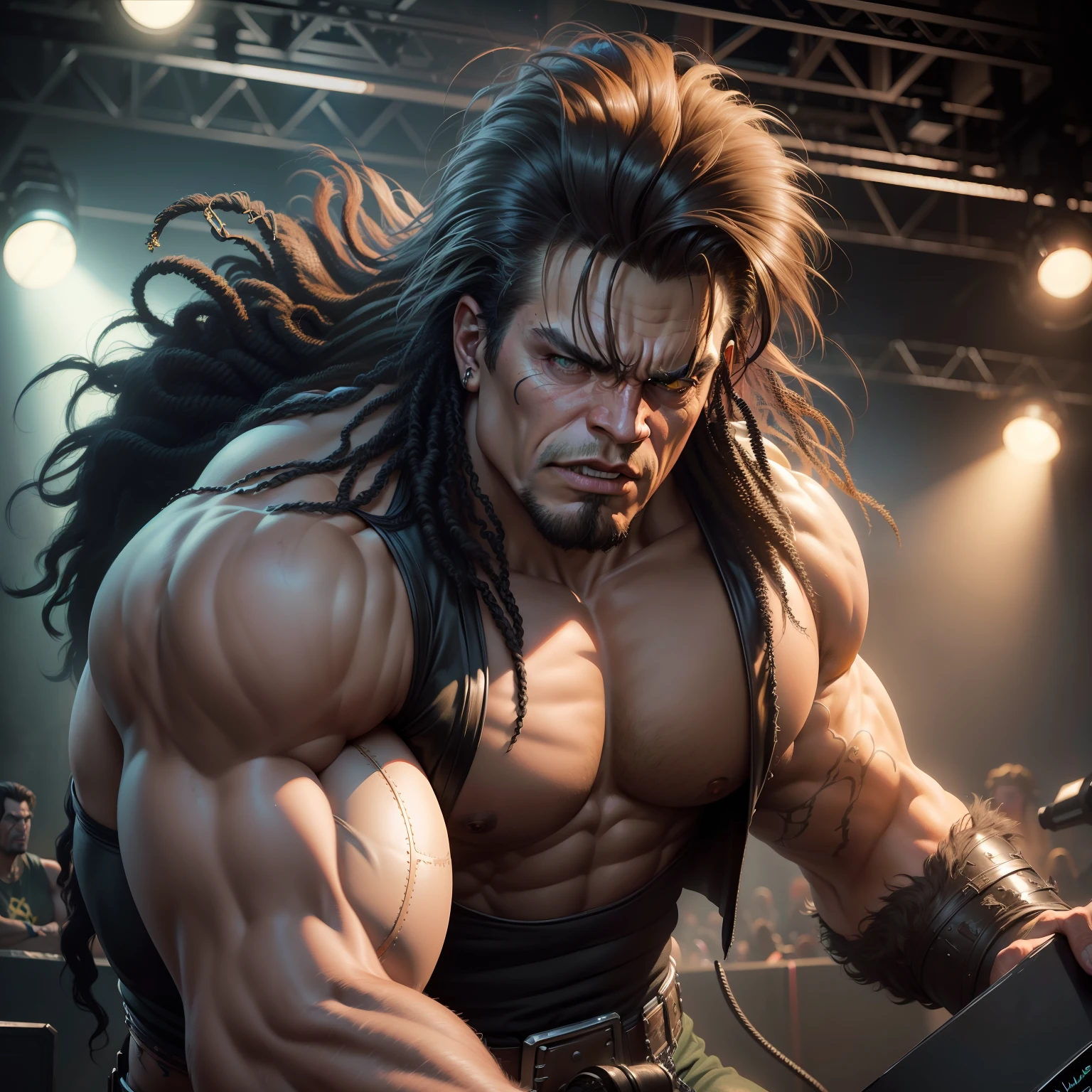 A (waist up:1.2) cinematic photorealistic color digital painting of The Hulk with the (80's heavy metal rock star hair style:1.2) jump in stage, detailed face, insanely detailed and intricate, crisp sharp and clear, volumetric lighting, ultra-high resolution, masterpiece hyper realistic artwork of Don Lawrence, centered, Professional color grading by Kenneth Hines Jr.