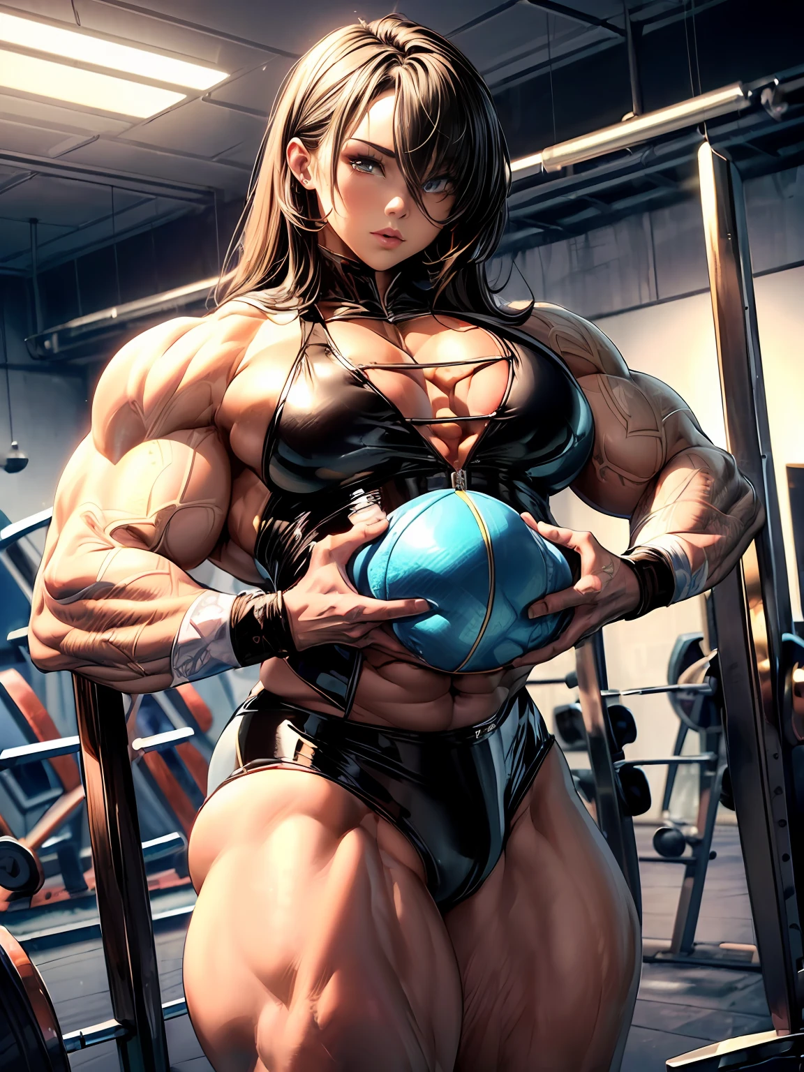 high contrast, (8K UHD:1.2), (photorealistic:1.2),(masterpiece:1.4), (best quality:1.4),extremely detailed wallpaper, highly detailed illustrations, ((1 Girl)) , (super-complex details) , 4K unified, (masterpiece:1.2), (best quality:1.2), (1woman), (masterpiece), 1girl, solo focus, a trail picture like the blue suit girl. Make the suit and orange and black glossy color so the muscles will show greatly.,(body builder:1.9)),((upper body)),((muscular legs)),((latex)),((covered)),((big body :1.5)).((muscular:1.5))