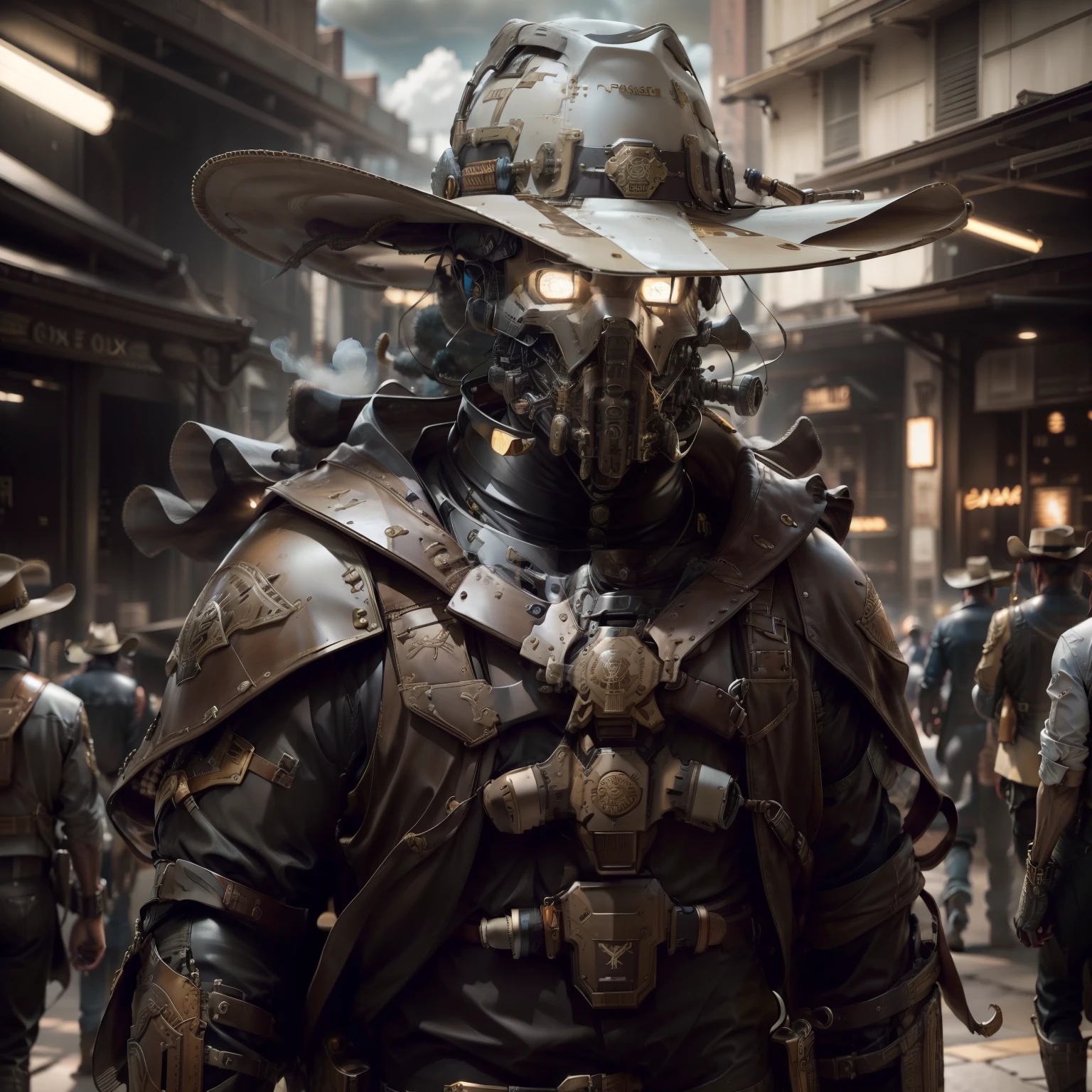 Exo male with a hunter aesthetic, mechanical body, 1boy, intense and explosive background, walking confidently towards the viewer in a cowboy hat, showcasing the highly detailed and high-quality gunslinger pancho, capturing the essence of a skilled bounty hunter in a stunning 8k resolution, cigar, smoking cigar, pancho(brown),