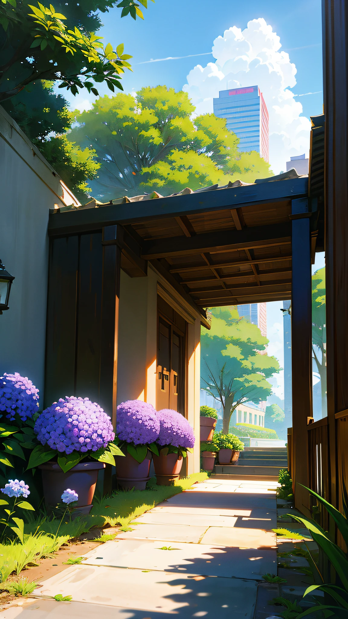 (ultra high res,photorealistic,best quality,photo-realistic),(8k,raw photo,best quality,masterplece),(photon mapping,radiosity,physically-based rendering,automatic white balance),real person,photograph,bridge, building, bush, city, cloud, day, door, fence, field,orest, garden, grass, house, hydrangea, mountain, nature, no_humans, outdoors, path, plant, potted_plant, purple_flower, road, scenery, sky, skyscraper, traditional_media, tree,