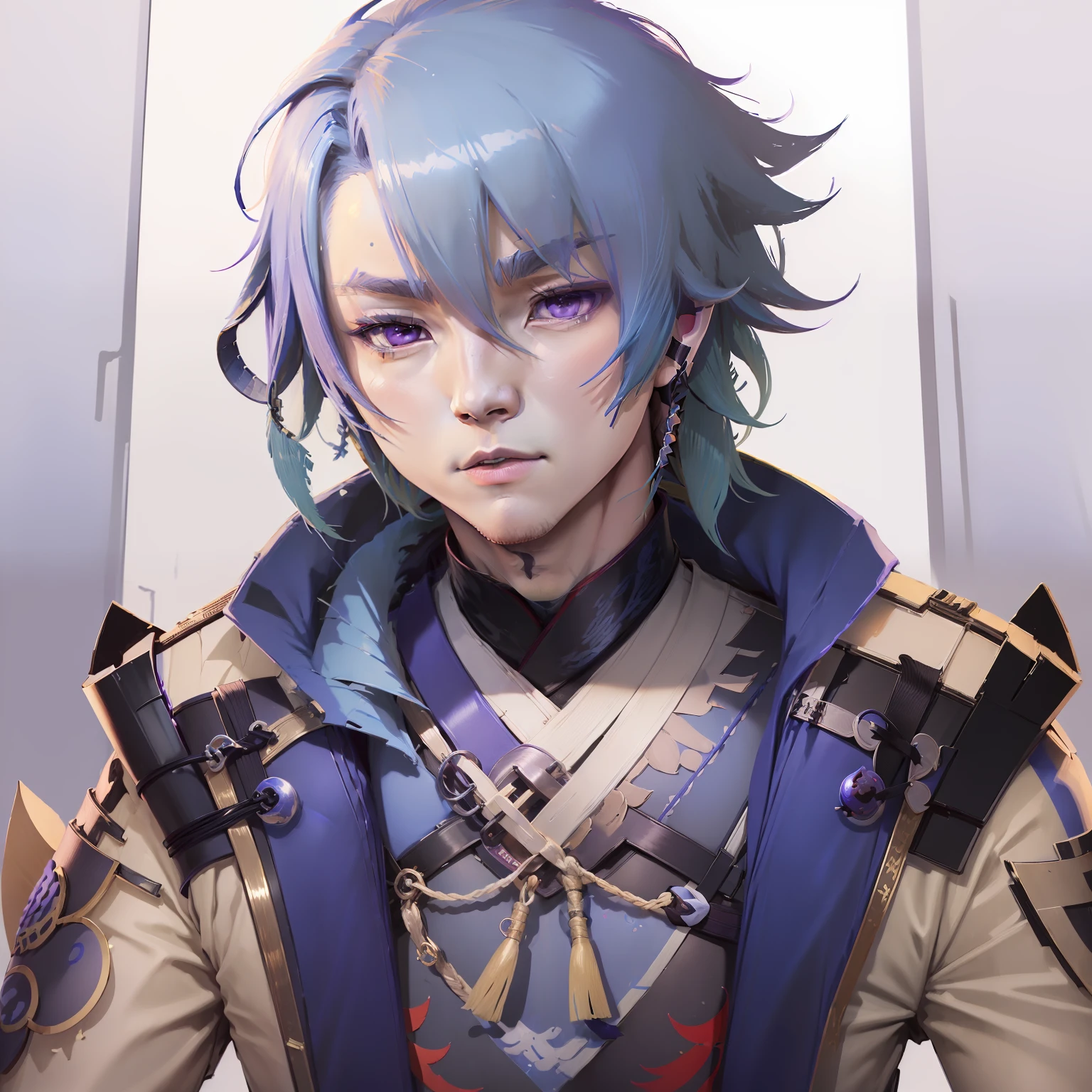 (Genshin game character - Ayato Kamisato:1.5),middle score,The blue silk is messy,Bone china skin,Purple pupils,Blue glow hair color