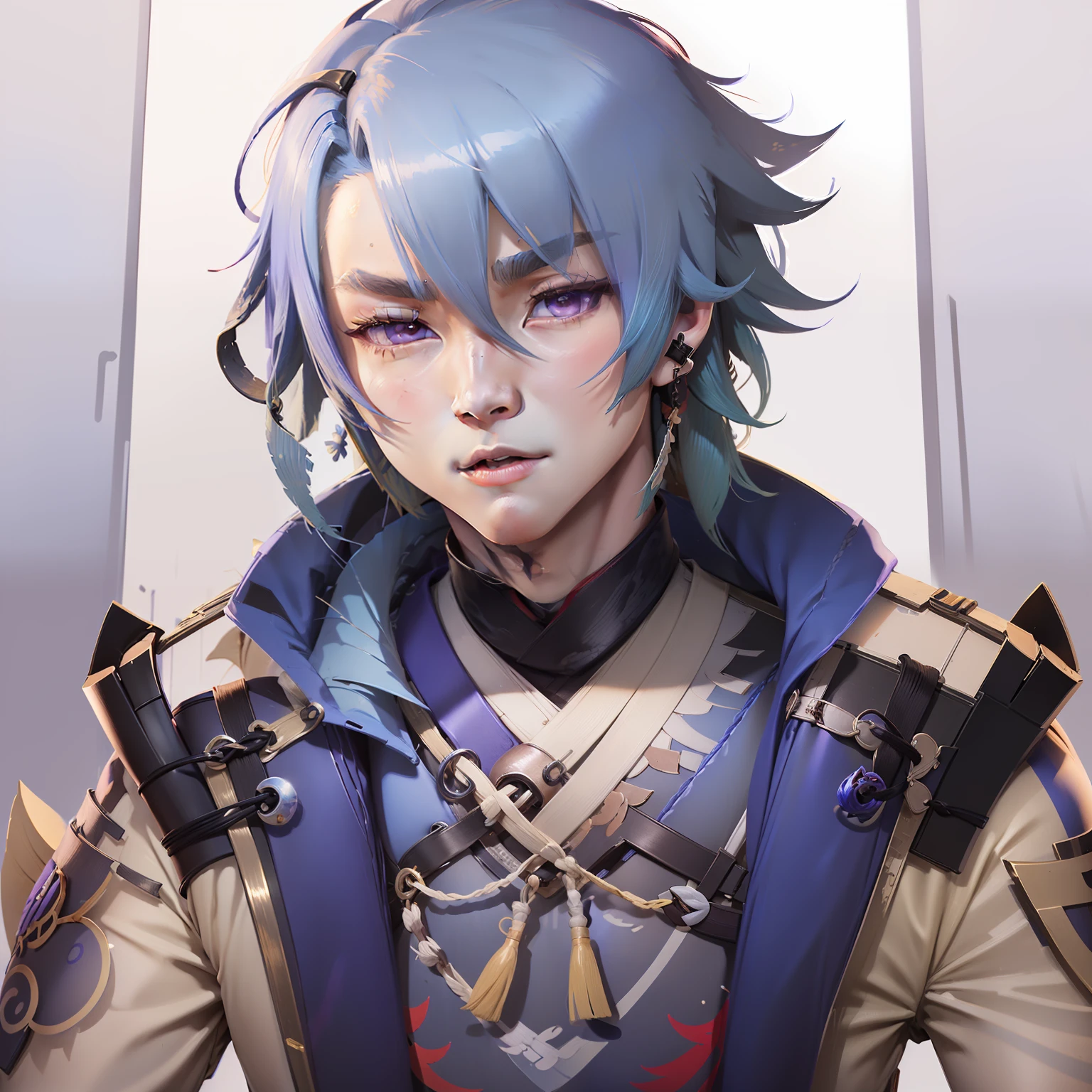 (Genshin game character - Ayato Kamisato:1.5),middle score,The blue silk is messy,Bone china skin,Purple pupils,Blue glow hair color