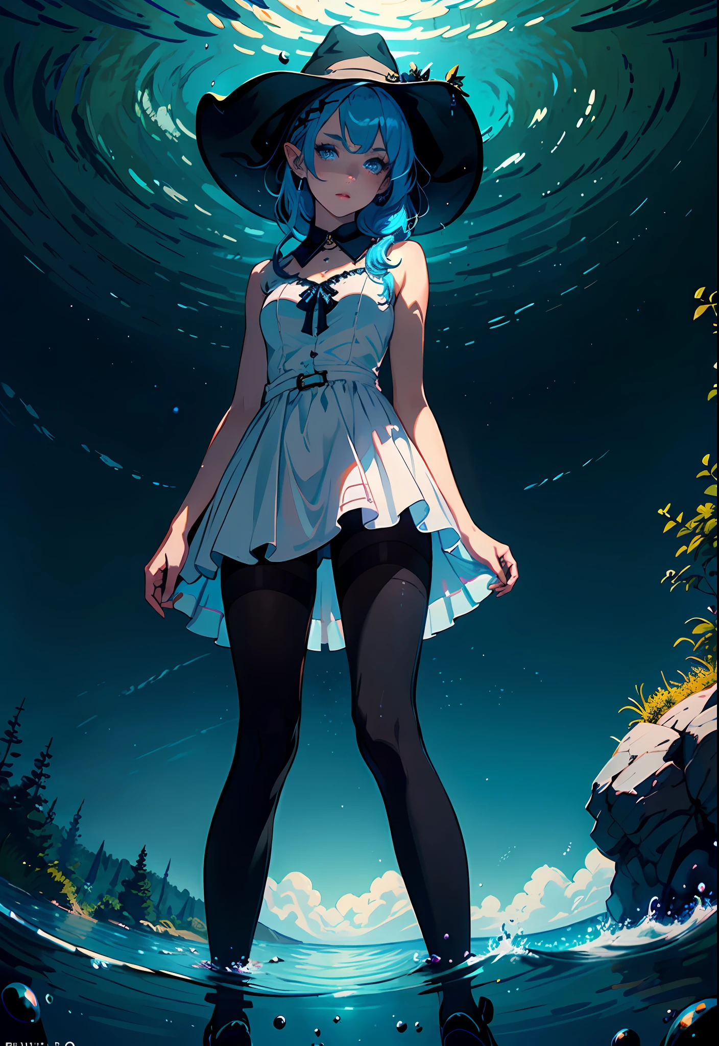 ((masterpiece)),(((bestquality))),((ultra-detailed)),((illustration)),((disheveledhair)),((colorful refraction)), ((beautiful detailed sky)), ((thigh focus)), ((dark intense shadows)), ((cinematic lighting)), ((overexposure)), depth of field,flat color, (beautiful detailed girl),beautiful detailed glow, ,detailed lighting, detailed water,(beautiful detailed eyes), perfect light,lake, crosier, night, starry sky,
1girl,solo, (80d:1.2), (black pantyhose:1.2), standing in the ocean, partially submerged, enchantress, blue hair, blue eyes, elf ears, wizard hat, white dress, :D,
ulzzang-6500-v1.1