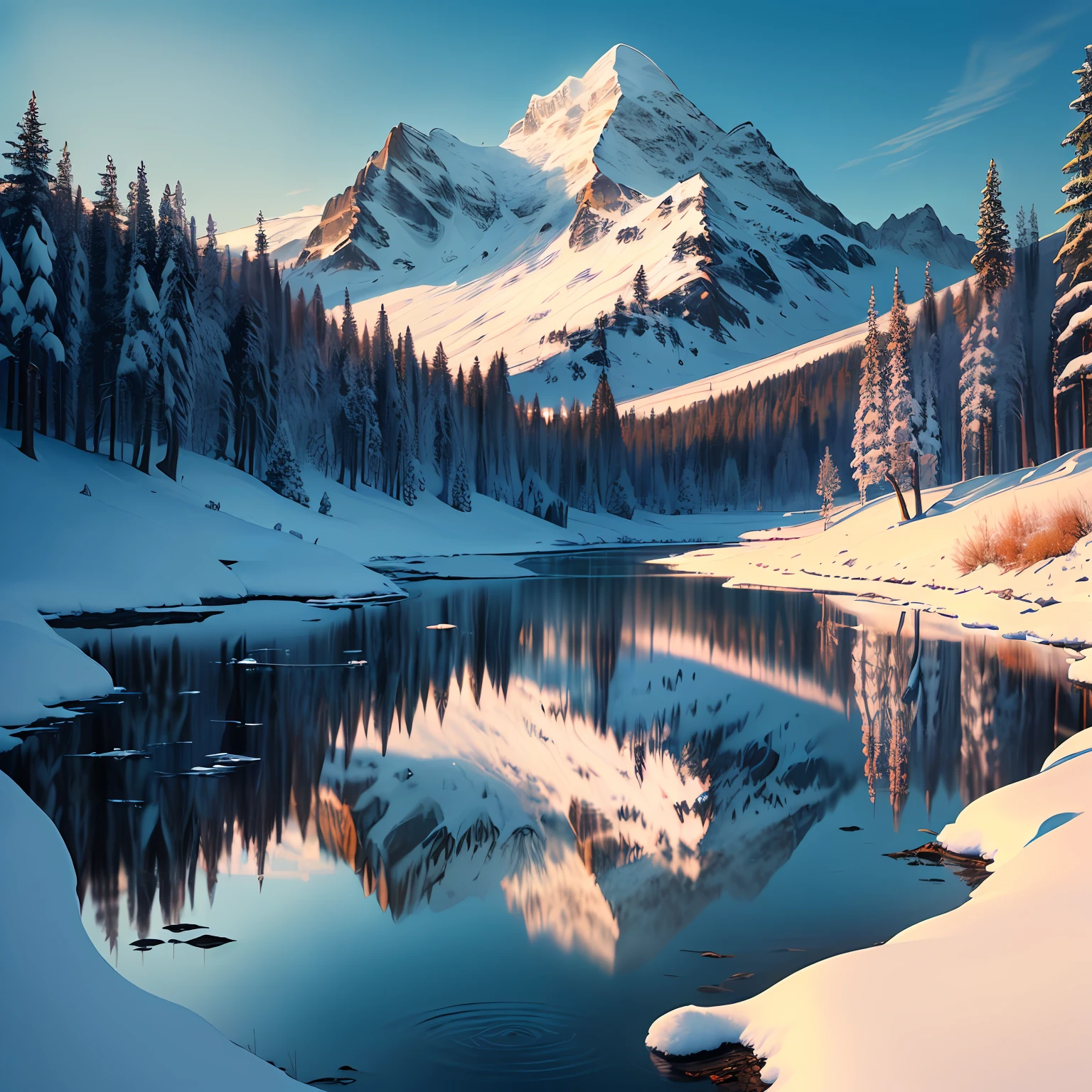(masterpiece), (best quality:1.4), absurdres, [:intricate details:0.2], tree, snow, solo, outdoors, water, mountain, scenery, winter, lake, day, sky, reflection