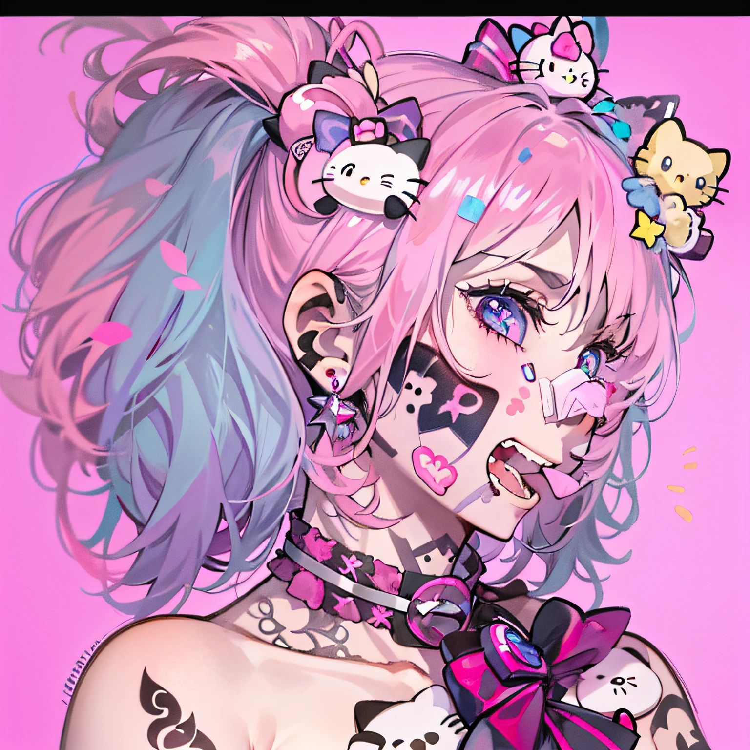Ref Brando Chiesa tatuagem, anime, Kawaii Detalhes, monstrous mouth on the neck, band-aid no rosto, Hello Kitty Hair Clip, gestural position for tattoo, desenho dentro da tela, pastel goth aesthetic