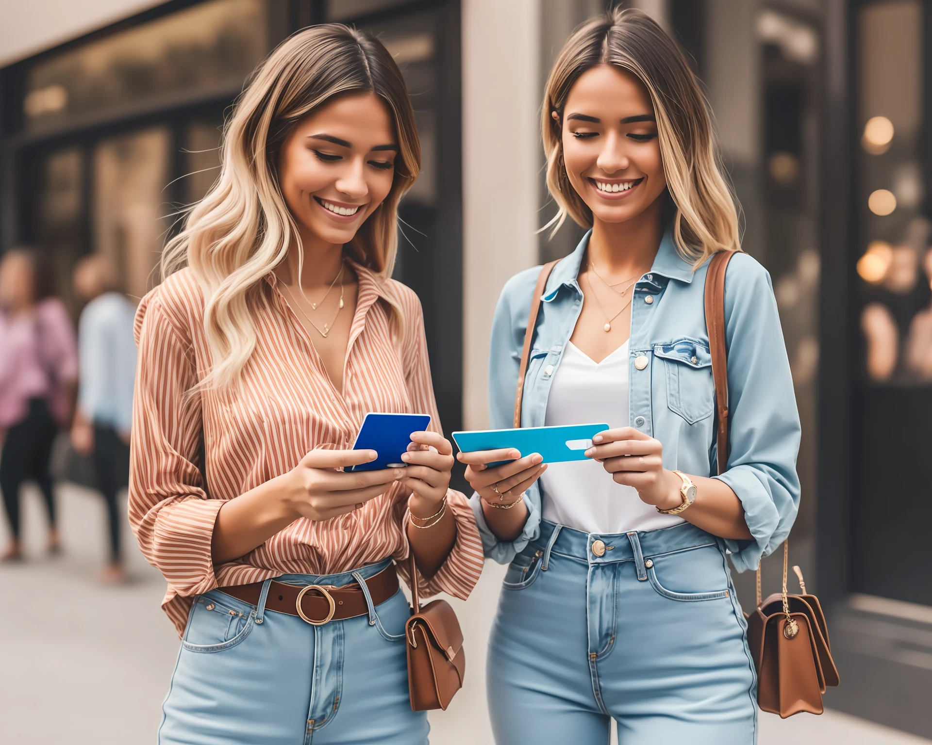 Two Western-tinged women smiling as they hold in one hand their smartphones with Instagram open and in the other hand their credit card. destacando o objetivo de ganhar dinheiro usando o instagram --auto --s2