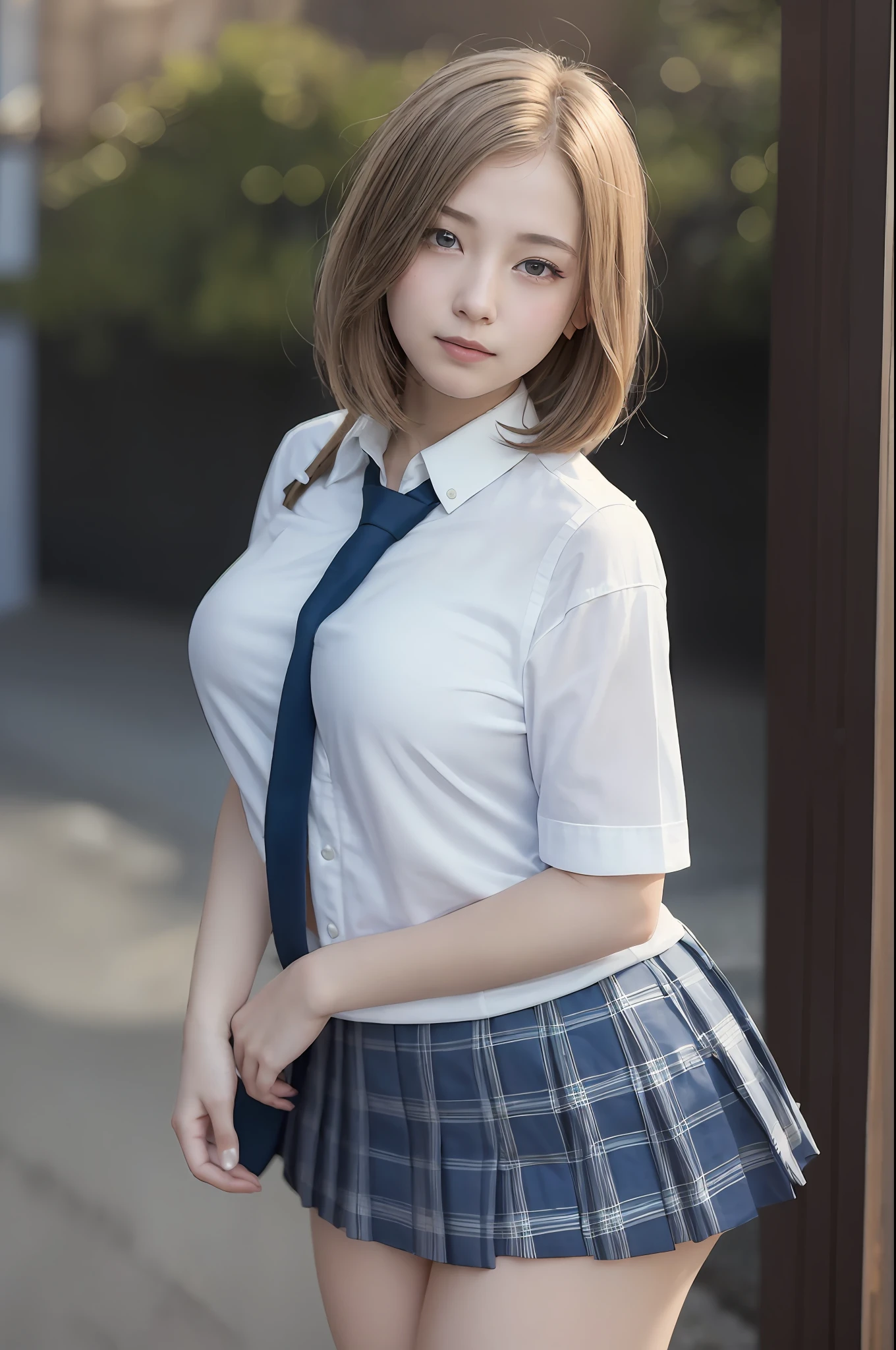 ((top-quality、​masterpiece:1.3))、((Russian beauties))、1 female、years、large full breasts:1.1、Slender body type:1.6、Toned abs、((Blonde short bob))、((Japan scrl uniform:1.5))、Super Detailed Face、Detailed lips、detailedeyes、二重まぶた、Plump smile、blue-sky、​​clouds、Looking to the right、blue eyess、wide Shots、full body wide shot、Model pose posing with hands on buttocks
