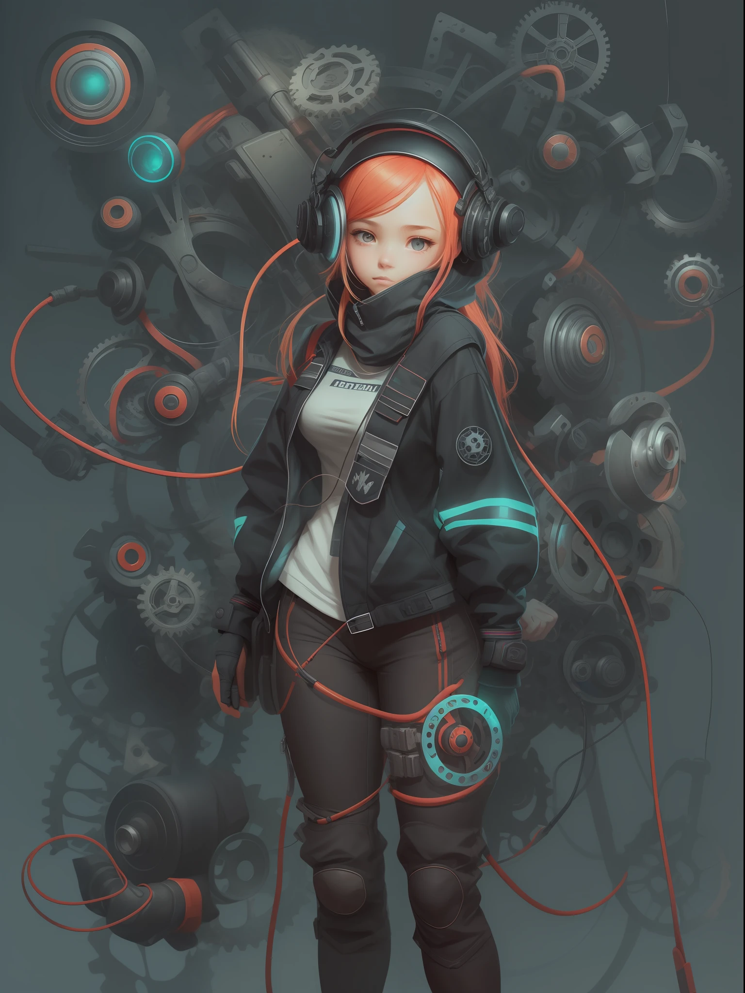 cute girl:1.2, techwear clothes, mechanic spider, cables, gears, circles, fractals, ArtStation, CGSociety, art by Carlos Meglia