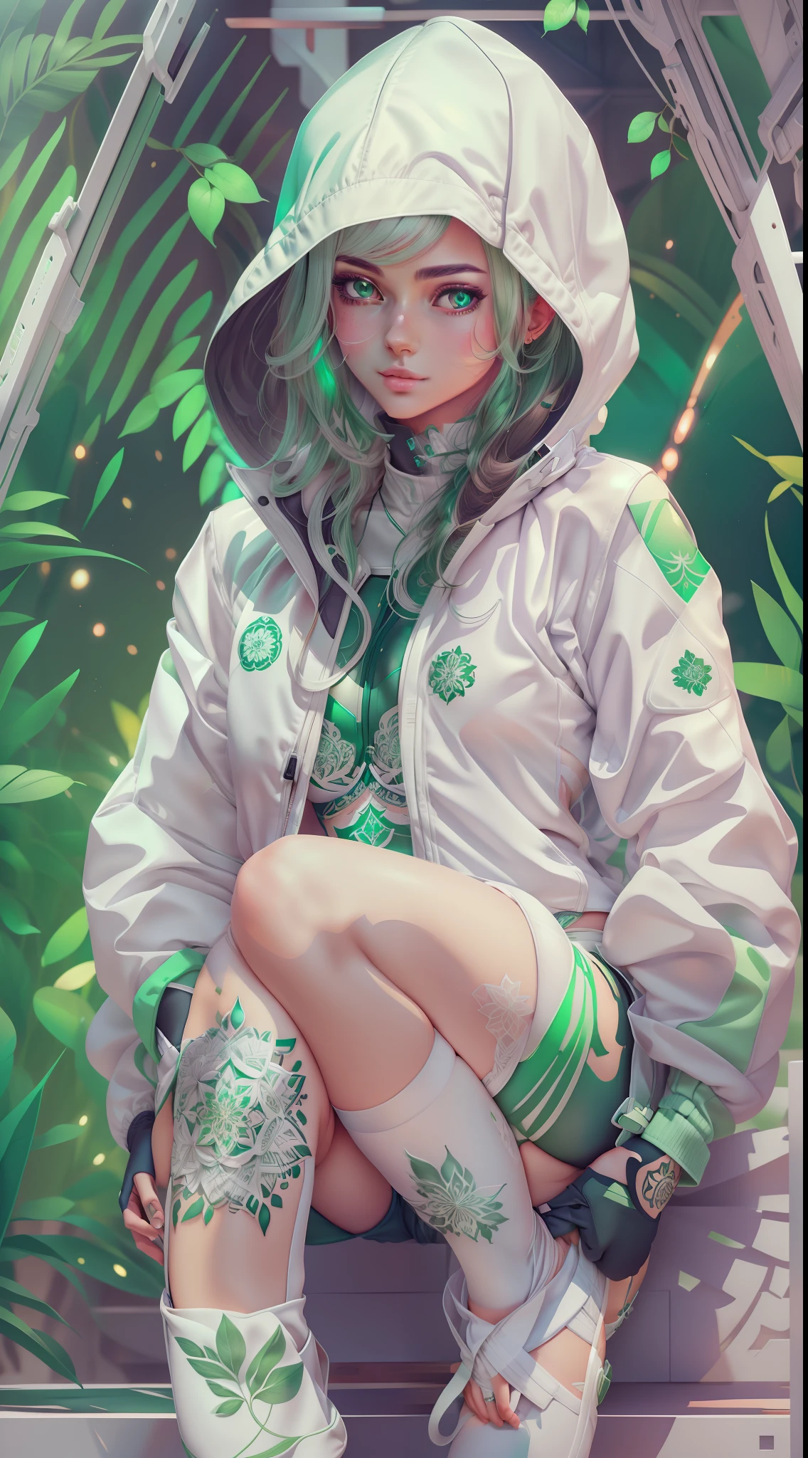 1cute sexy girl with white and green techwear jacket with white panties(cameltoe), tattoos, mandalas, fractals, ArtStation, CGSociety, art by Pascale Campion