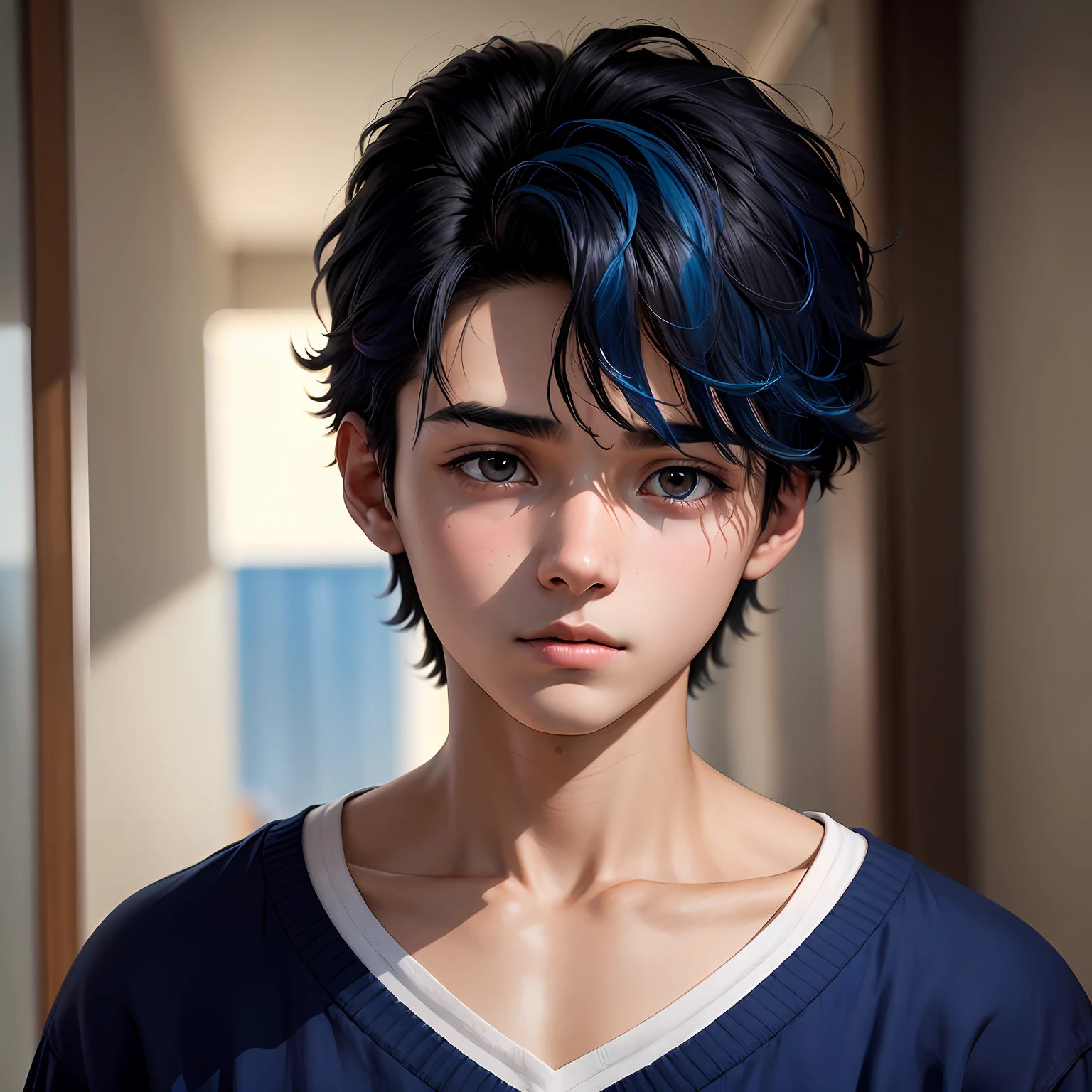 -yeld maboy, su cabello es lacio y de color azul, esta de perfil obserba triste desde la zotea de un colegio internado una ciudad a lo lejos