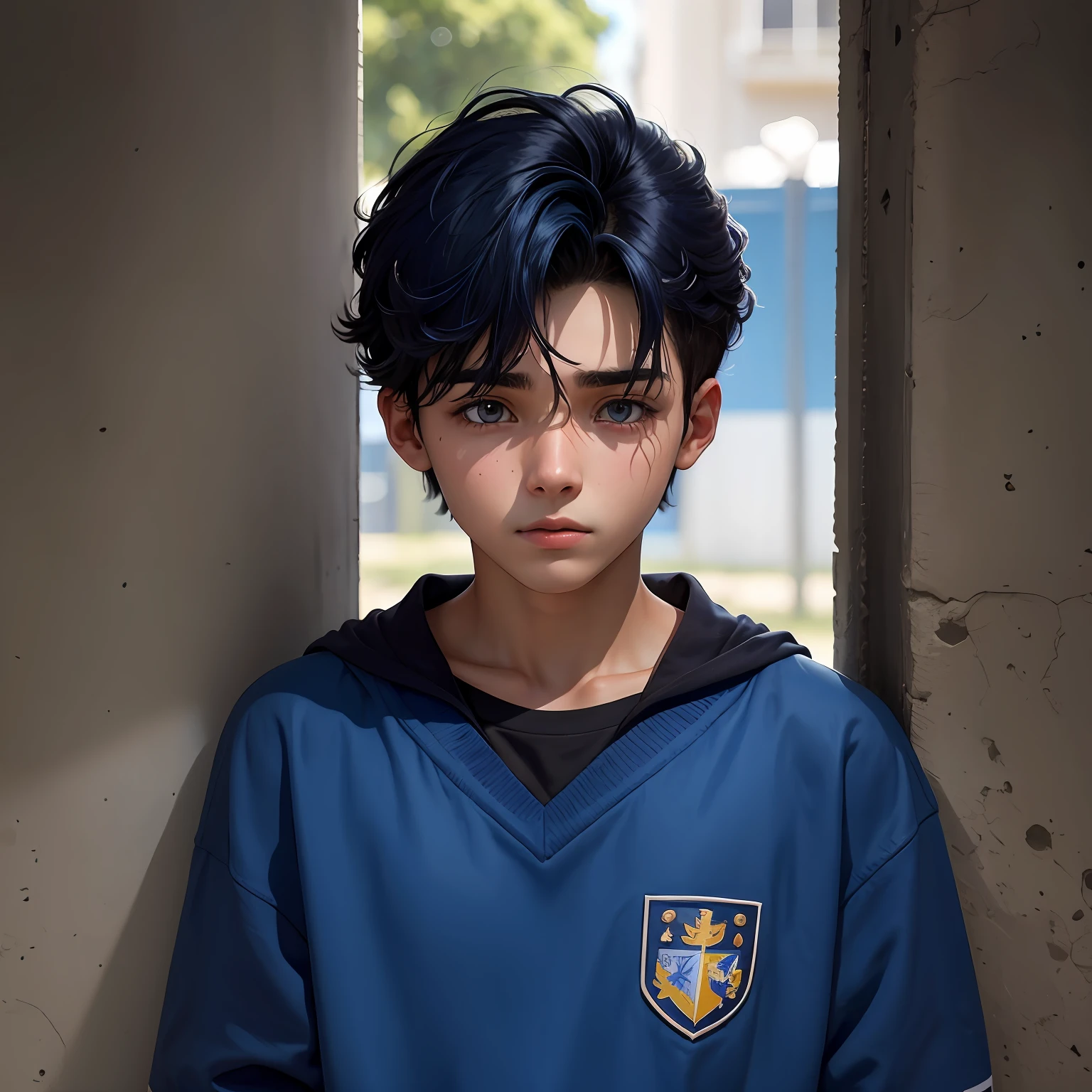 -yeld maboy, su cabello es lacio y de color azul, esta de perfil obserba triste desde la zotea de un colegio internado una ciudad a lo lejos
