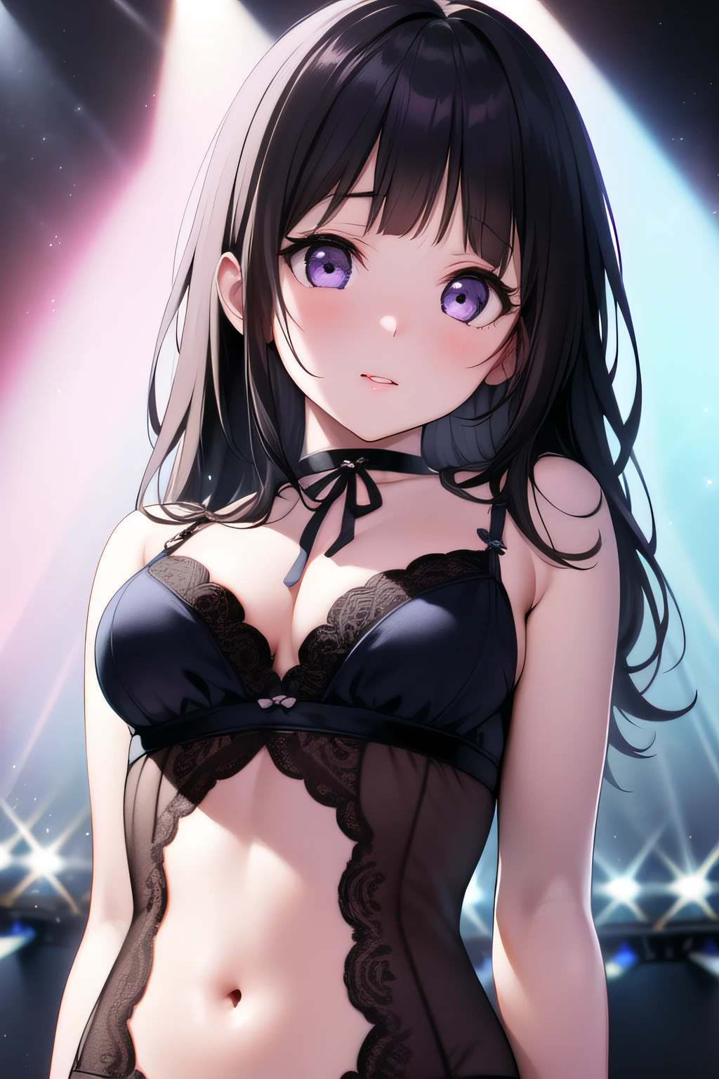 A superb exquisite Chitanda Eru, purple eyes, black long hair, natural straight hair, straight bangs, solo, ((idol)), ((on stage)), lingerie, extremely delicate, straight facial features, peerless beautiful girl, soft, (sensual), (kawaii), dreamy quality, light white and dark brown, exaggerated facial features, solid color, frank holly, delicate face, bright lips slightly open, slender waist, soft curves, real light and shadow, super fine, 4k, natural moving, Ultra high resolution, (masterpiece:1.2, best quality), (finely detailed beautiful eyes: 1.2), (beautiful detailed face)