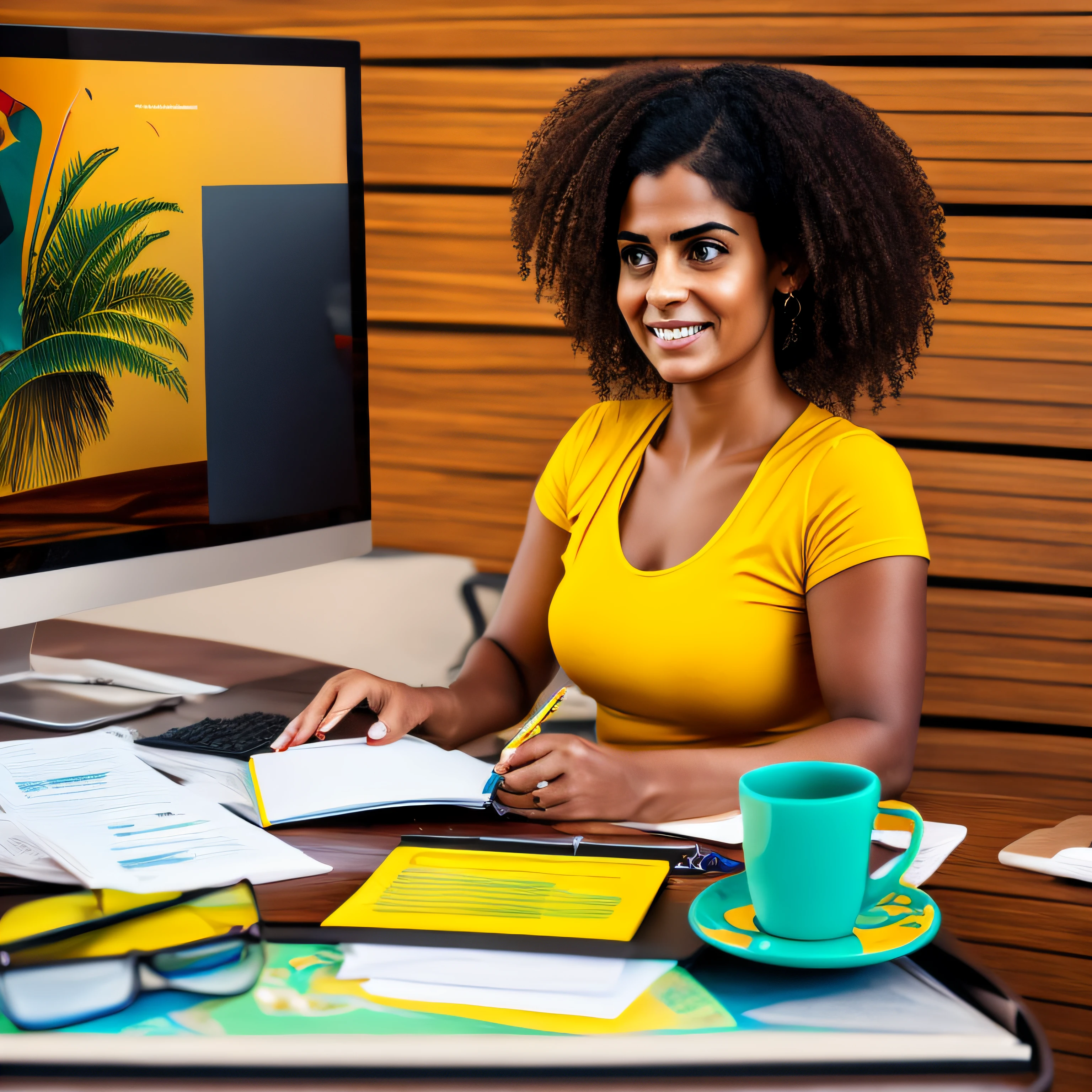 Crisp, high-quality realistic images of a Brazilian woman, descendente natural do Brasil, Trabalhando em um computador de mesa, focado e digitando. Sobre a mesa, dispersos de forma organizada, there are papers containing graphics, contas a pagar, Facturas, and bank slips. A imagem deve capturar o retrato ultrarrealista da mulher brasileira trabalhando, with attention to detail of facial expression, manual typing, e os documentos na mesa. The goal is to get a vivid and impactful representation of the work environment, emphasizing the dedication and concentration of the Brazilian individual when performing their daily tasks with precision and efficiency;.