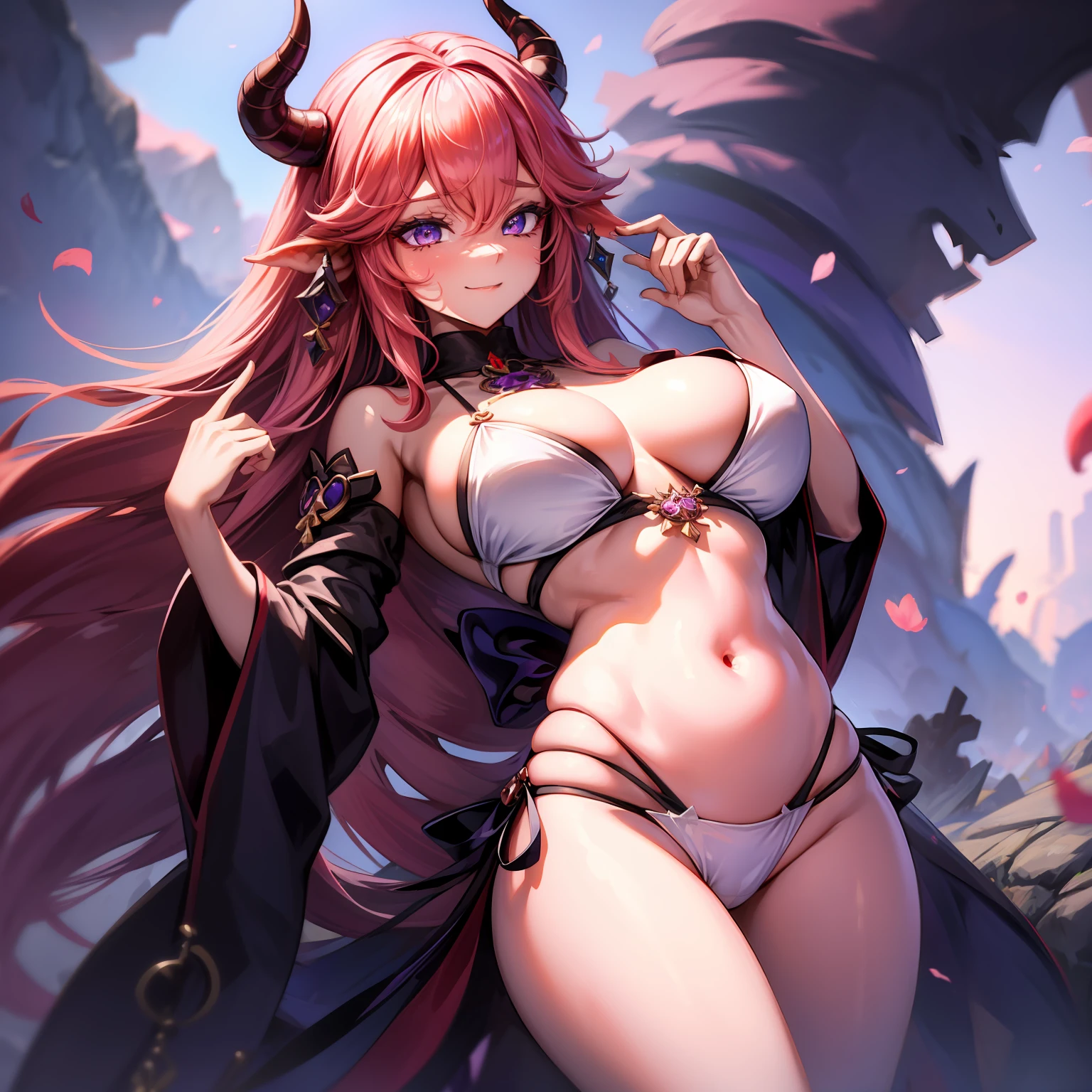 A female demon milf with black demon horn with wet dress, wet white bikini, belly belly button visible, belly visible, ((demon horn)), cabelo de rapunzel cor-de-rosa extremamente longo, ((Cabelo de rapunzel cor-de-rosa)), White eyes of the demon, ((olhos brancos)), corpo volumoso com seios e busto enormes, ((seio e busto enormes)),Purple mist with purple energy particles and floor with red liquid, olhar perverso e vazio sem brilho nos olhos com um sorria safado olhando para o espectador de baixo co destaque nas pernas e nos seios;, Moda realista, sysie high definition details, fotografia, perspicacity, unique 850 4, Koda850 k portrait camera, Primavera F1.6, cores ricas, Textura super realista, textura de luz espetacular, arte surreal, Cinestil 800 mecanismo de moda