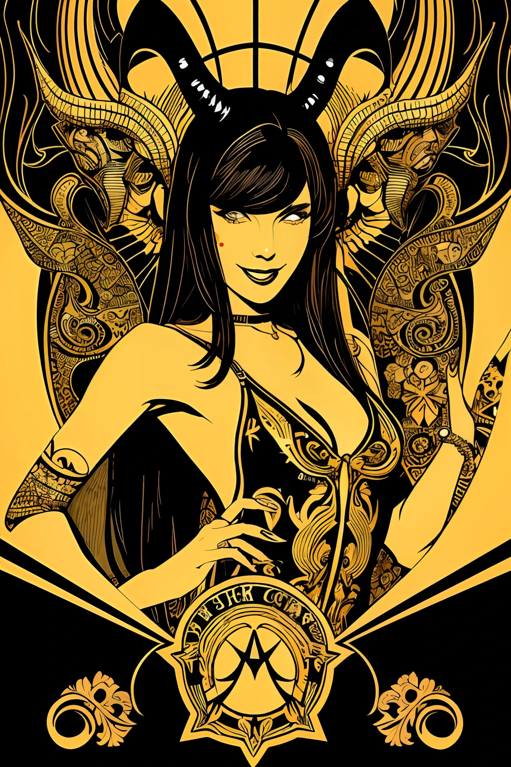 Flyer, beautiful woman in swimsuit, confident, sexy, malicious smile, Mexican decoration, Satan,
vector flat, gold, black,
Aaron Horkey,
masterpiece, vectorial art