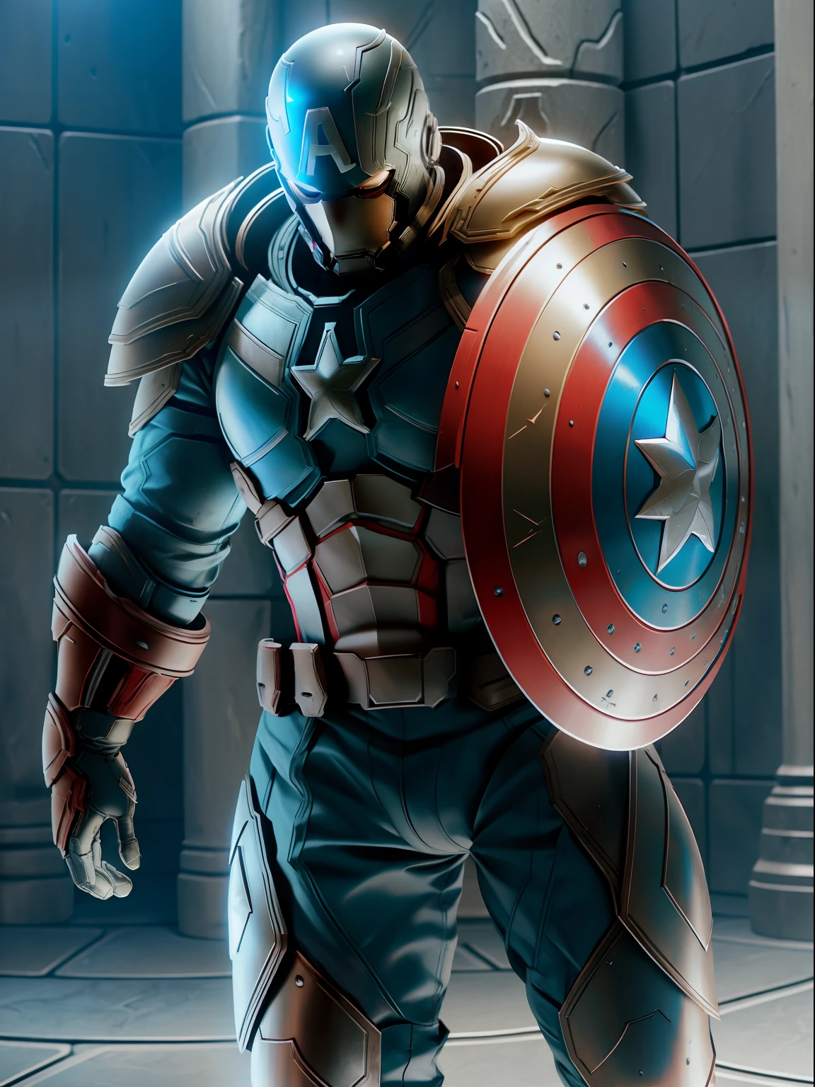 captain America,medieval armor style, fkaa, txaa, rtx, ssao, OpenGL-Shader’s, post processing, post-production, cell shading, tone mapping, cgi, vfx, sfx, insanely detailed and intricate, hyper maximalist