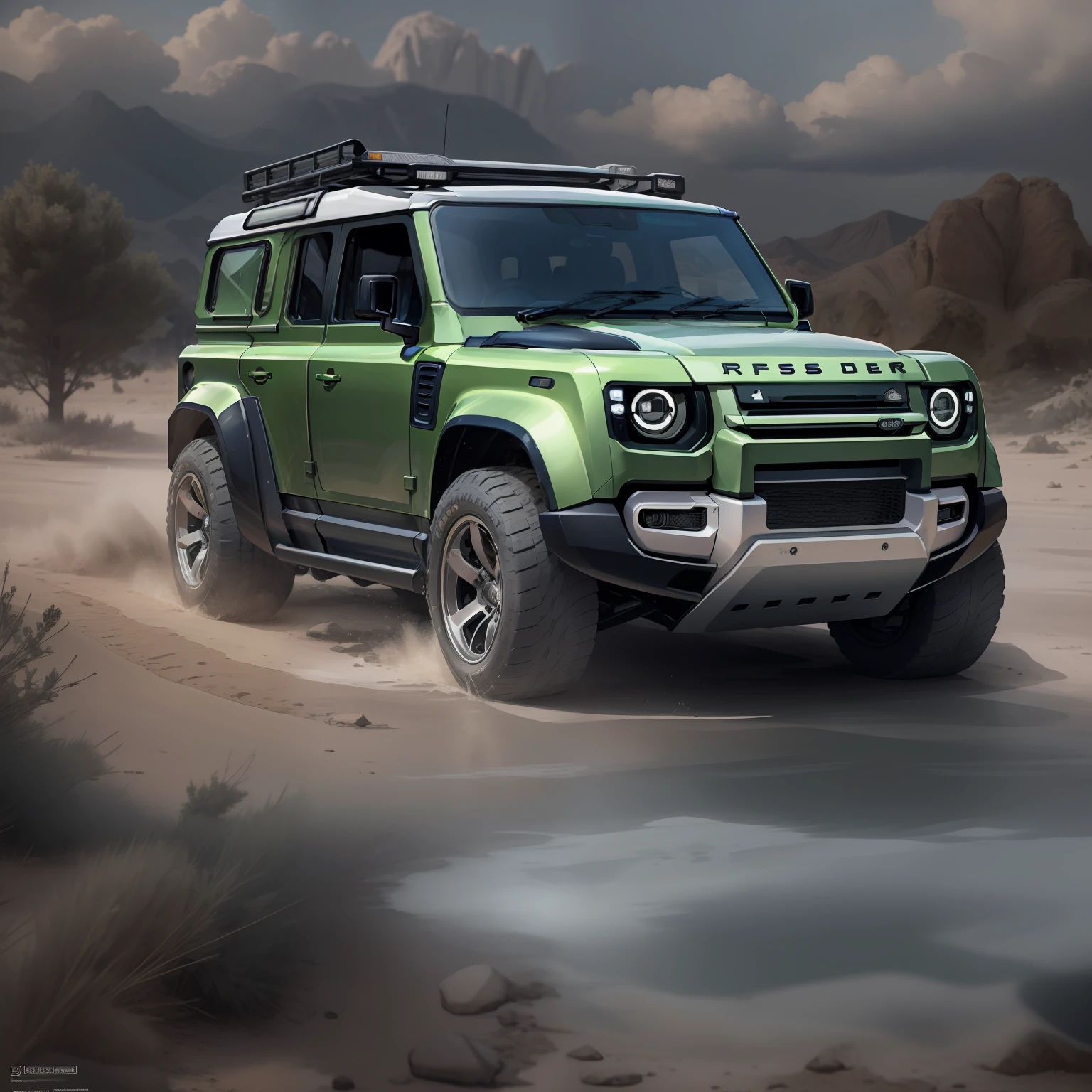A cinematic photorealistic color digital drawing of 2022 Land Rover Defender, extreme modified and styled by Luigi Colani, insanely detailed and intricate, crisp sharp and clear, volumetric lighting, ultra-high resolution, masterpiece hyper realistic artwork Frank Bellamy, centered, Professional color grading by Kenneth Hines Jr.