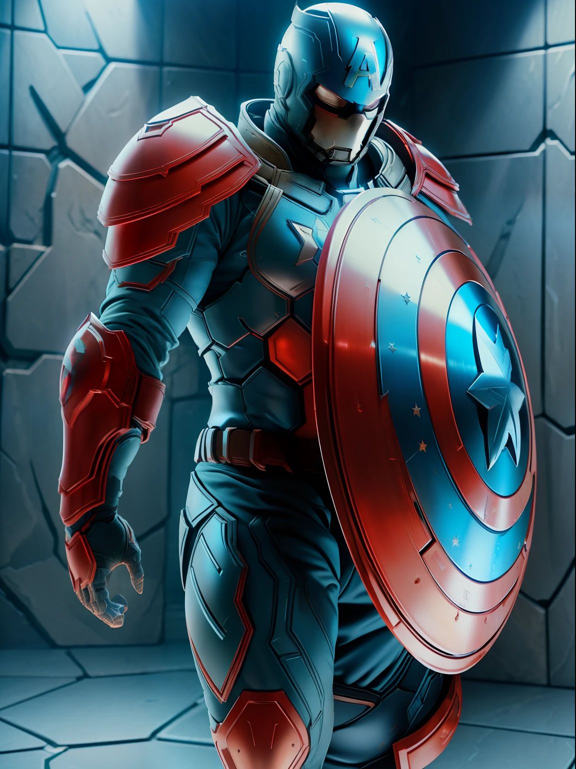 captain America,medieval armor style, fkaa, txaa, rtx, ssao, OpenGL-Shader’s, post processing, post-production, cell shading, tone mapping, cgi, vfx, sfx, insanely detailed and intricate, hyper maximalist