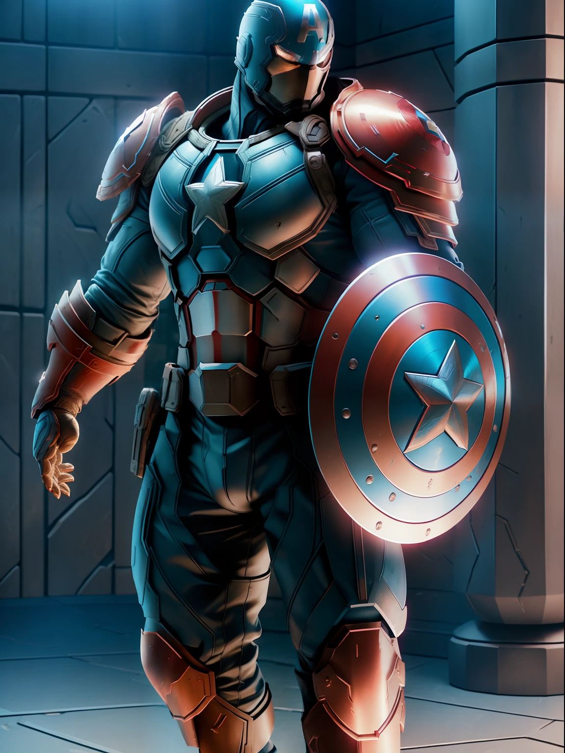 captain America,medieval armor style, fkaa, txaa, rtx, ssao, OpenGL-Shader’s, post processing, post-production, cell shading, tone mapping, cgi, vfx, sfx, insanely detailed and intricate, hyper maximalist