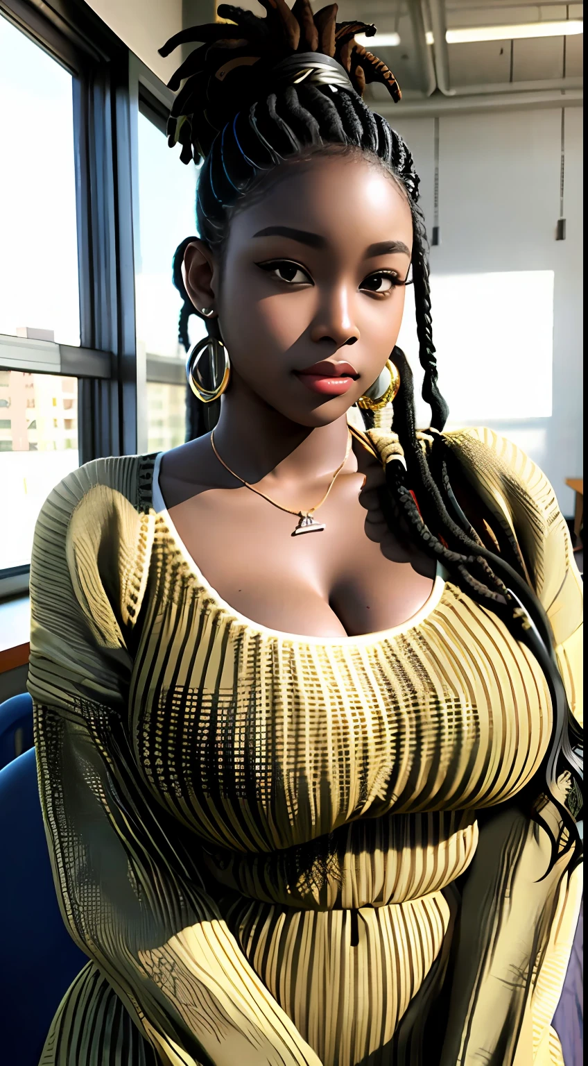 Photorealistic Beautiful black girl, super thick but slim waist, dangerous curves, seductive, half African half Asian girl, mixed girl, tan skin, teacher, sweaterdress, dark skin, dreadlocks, tattoos and piercings, cleavage, scantily clad, breasts exposed, breasts indentation, trending on Pixiv portrait hyperrealism, in class, sexy pose, Asian high school, 18 years old, large breasts
