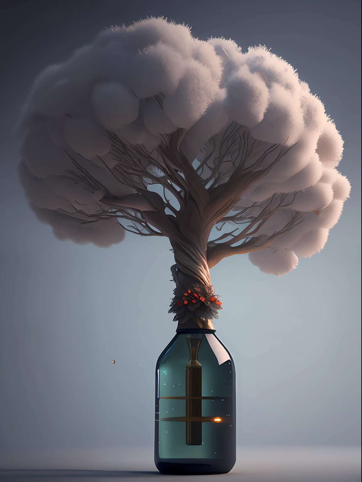 dreamlikeart tree in a bottle, fluffy, realistic, photo, canon, dreamlike, art, colorfull leaves and branches with flowers on top of its head. hyperdetailed photorealism by greg rutkowski - h 1024 w 804 | f 1 6 lens mark 2:2 s 3555 mm film grain :1 lifelike high res sharp focus contrast!! intricate detailed atmospheric light refraction lighting unreal engine 5 cinematic concept photography masterpiece octane render trending at cgsociety rendered as