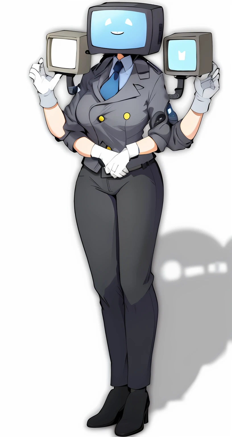 A cartoon image of a woman in a uniform holding two televisions, !!retrato de corpo inteiro!!, single character full body, cel limpo sombreado, retrato de corpo inteiro de um curto!, retrato de corpo inteiro, evil standing smiling pose, Personagem de corpo inteiro, full body single character, cel sombreado, imagem de corpo inteiro, Anya, Spy X Family, cel - estilo de arte sombreado, television head