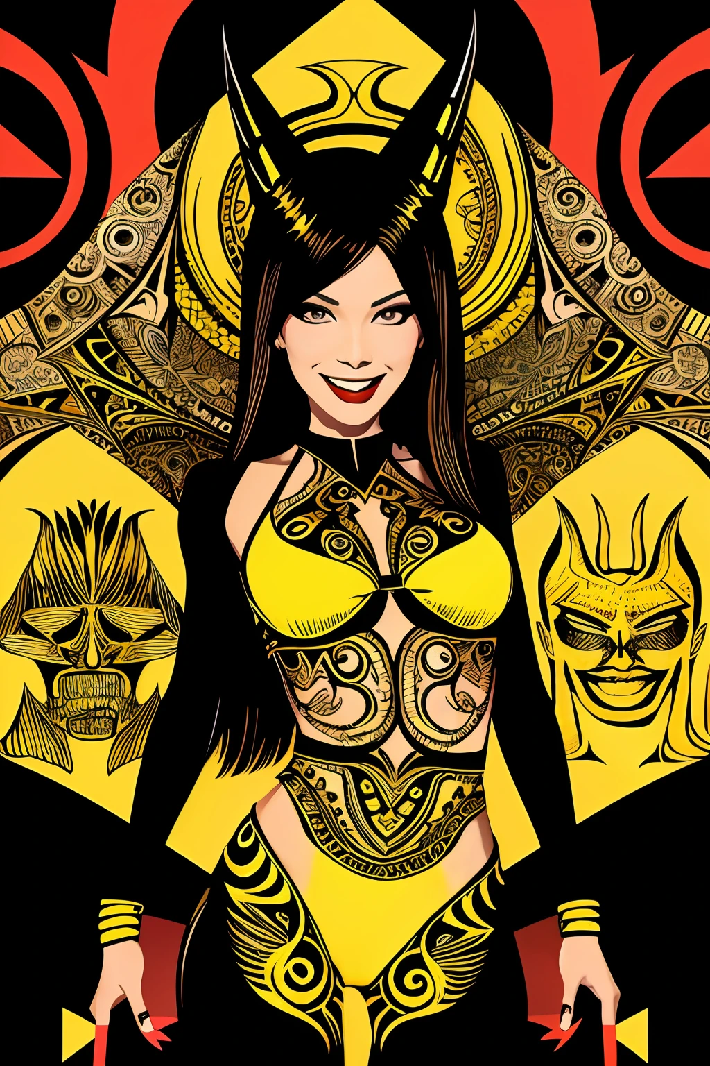 Flyer, beautiful woman in swimsuit, confident, sexy, malicious smile, Mexican decoration, Satan,
vector flat, gold, black,
Aaron Horkey,
masterpiece, vectorial art