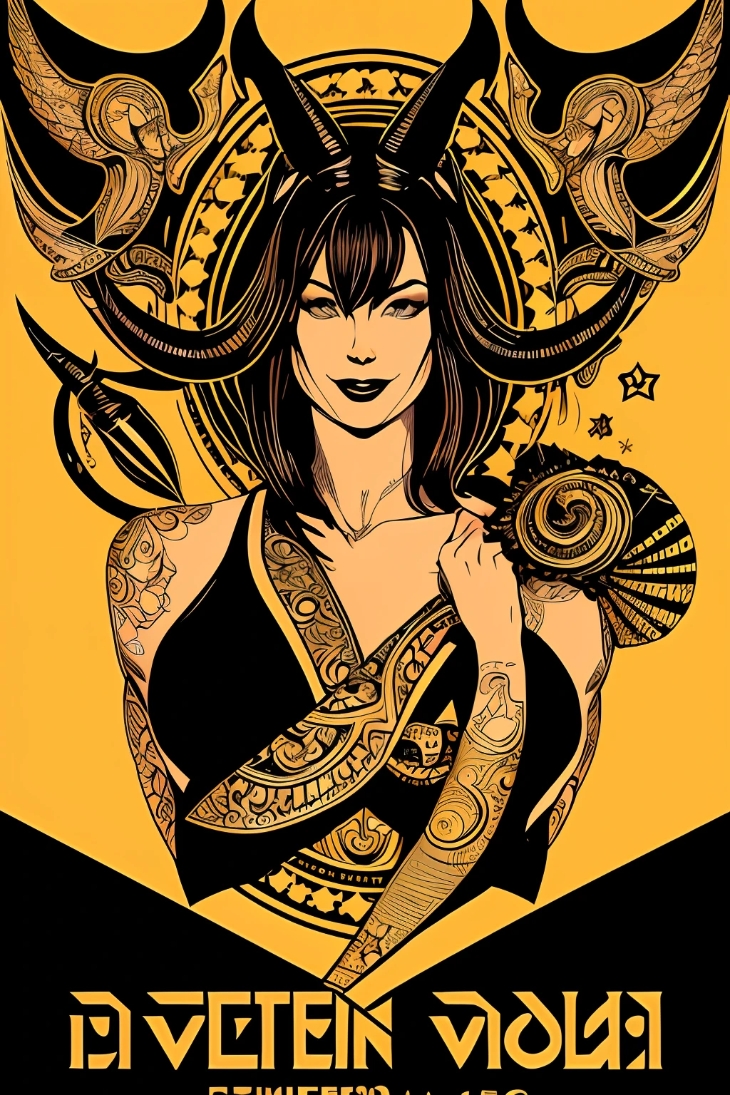Flyer, beautiful woman in swimsuit, confident, sexy, malicious smile, Mexican decoration, Satan,
vector flat, gold, black,
Aaron Horkey,
masterpiece, vectorial art