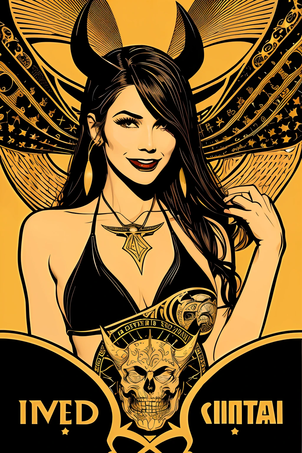 Flyer, beautiful woman in swimsuit, confident, sexy, malicious smile, Mexican decoration, Satan,
vector flat, gold, black, 
Aaron Horkey, 
masterpiece, vectorial art