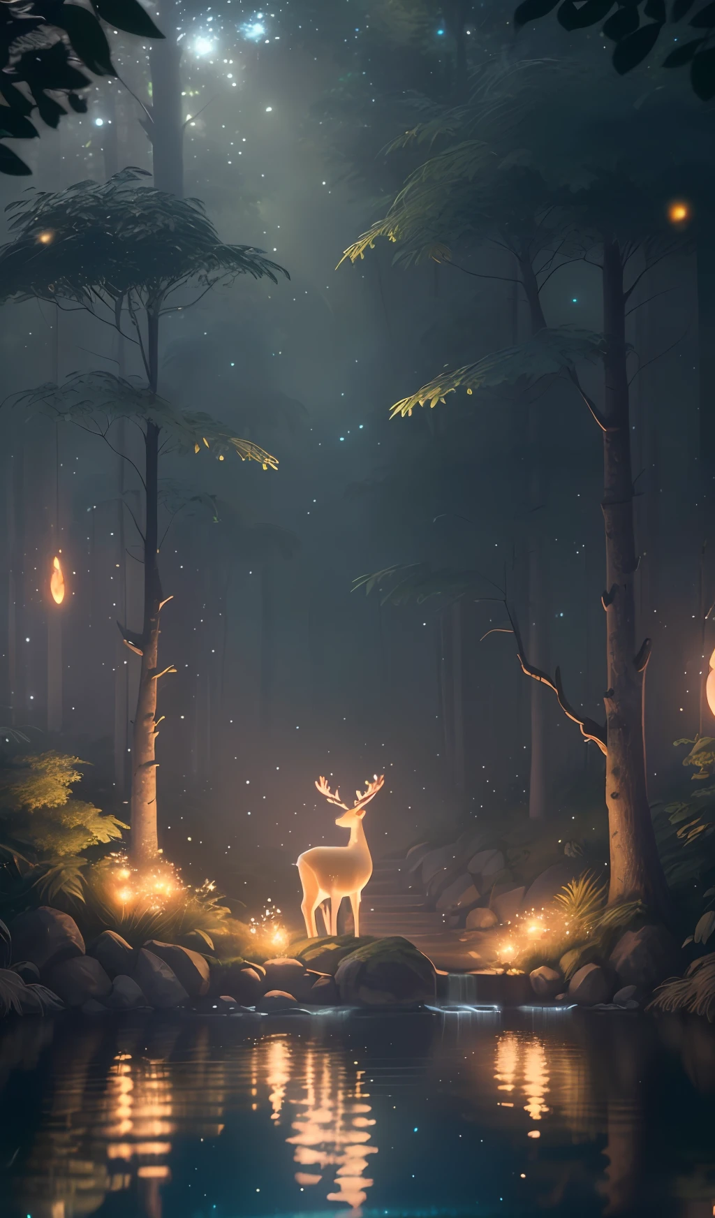 Masterpiece, best quality, (very detailed CG unity 8k wallpaper), (best quality), (best illustration), (best shadows), glow sprite, with a glowing deer, in the swimming pool Drinking water, natural elements in the forest theme. Mysterious forest, beautiful forest, nature, surrounded by flowers, delicate leaves and branches surrounded by fireflies (natural elements), (jungle theme), (leaves), (twigs), (fireflies), (particle effects) etc. 3D , Octane rendering, ray tracing, super detailed