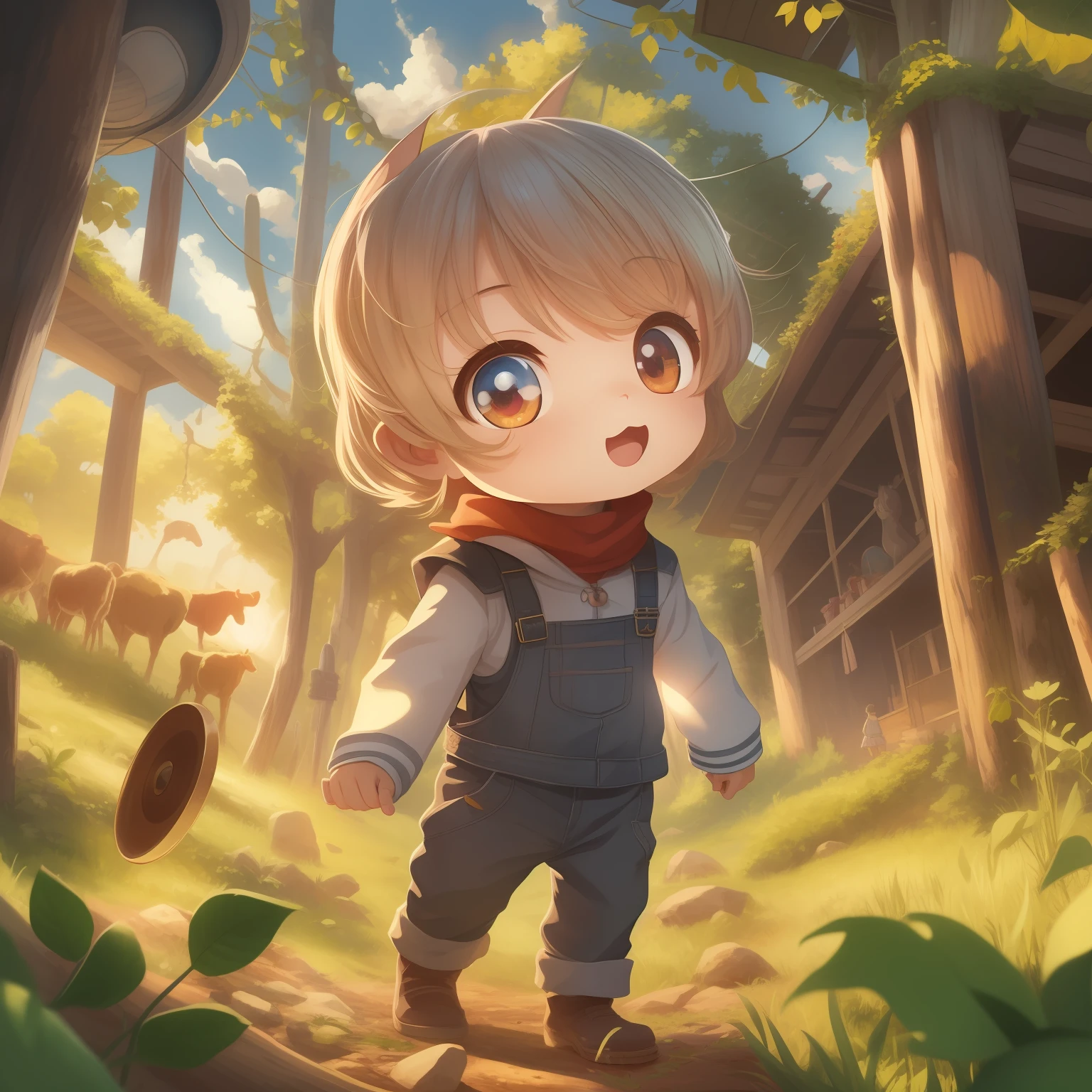 worm's eye view, ultra detailed manga style drawing of a cute chibi ??? with big and round shiny eyes, dynamic pose, in a farm, bold tetradic colors, daylight, backlit, highly illuminated, proffesional illustration, closeup, visually rich, anime, JRPG, enchanting, emotionally evocative, detailed environment, sharp focus, flat lighting, 2d, cartoon, vector, oil painting by MSchiffer, lens flare