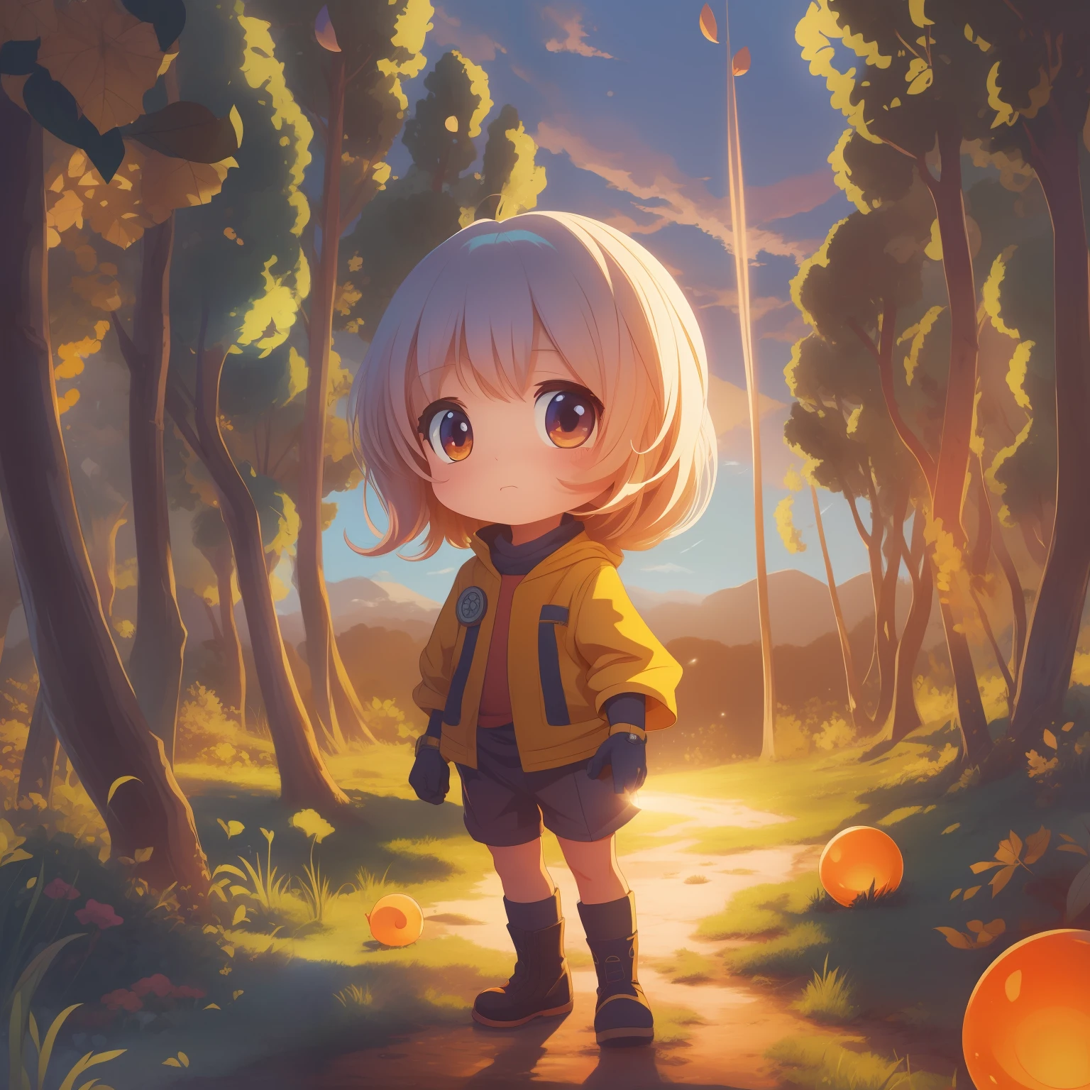 worm's eye view, ultra detailed manga style drawing of a cute chibi ??? with big and round shiny eyes, dynamic pose, in a farm, bold tetradic colors, daylight, backlit, highly illuminated, proffesional illustration, closeup, visually rich, anime, JRPG, enchanting, emotionally evocative, detailed environment, sharp focus, flat lighting, 2d, cartoon, vector, oil painting by MSchiffer, lens flare