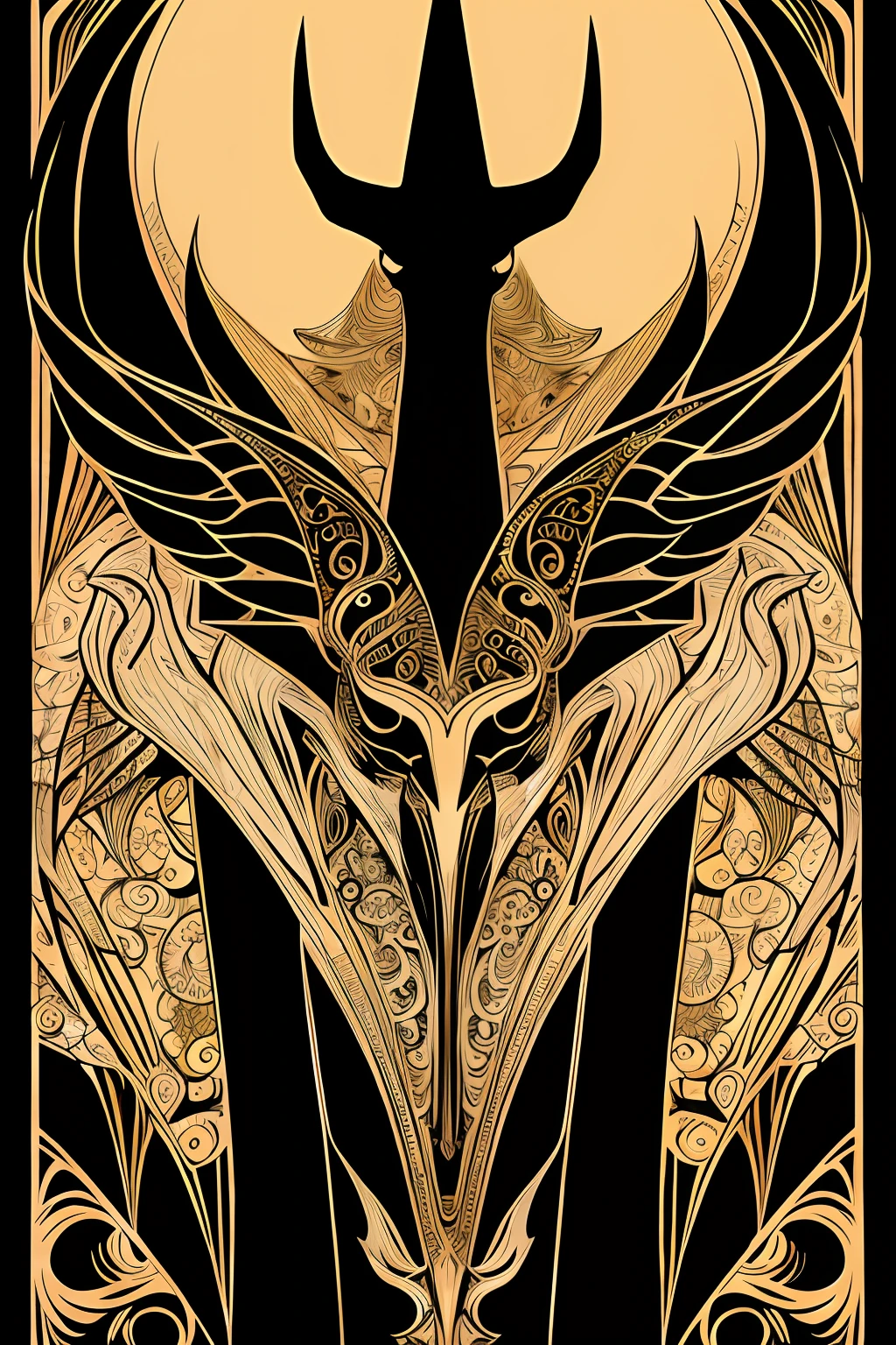 Flyer, high fashion model, Mexican decoration, Satan,
vector flat, gold, black, 
Aaron Horkey, 
masterpiece, ultra high res, high quality,