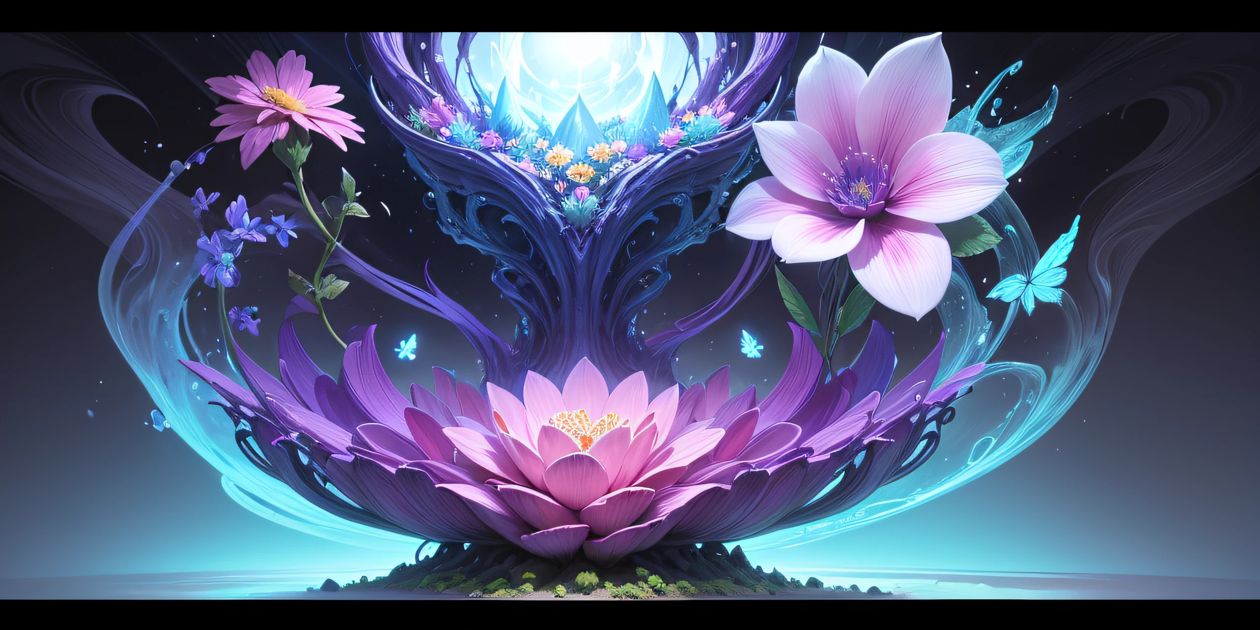 "una obra maestra surrealista, Magical elemental flowers" --auto