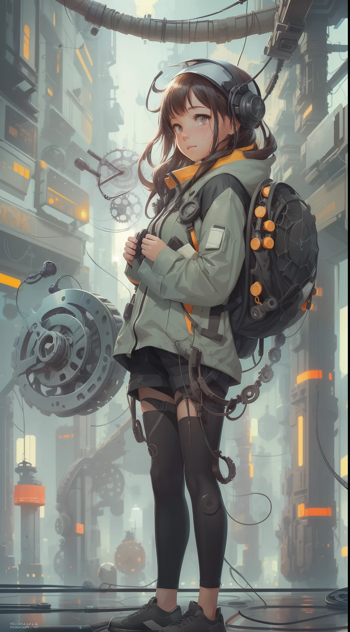 (cute girl:1.2, techwear clothes, mechanic spider, cables, gears, circles, fractals, ArtStation, CGSociety, art by Pascale Campion)