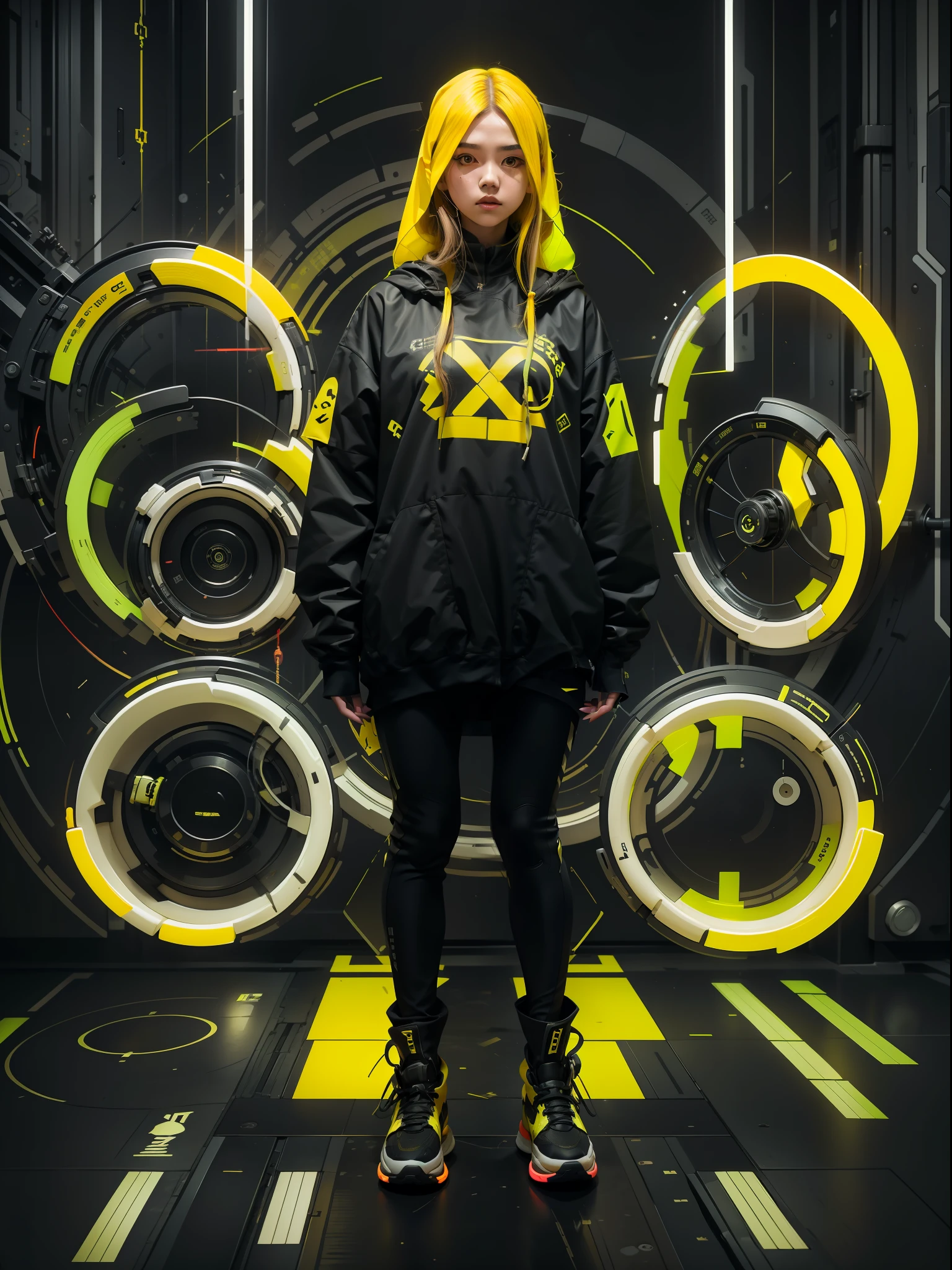 1ghotic girl with black and yellow techwear clothes, circles neon in background