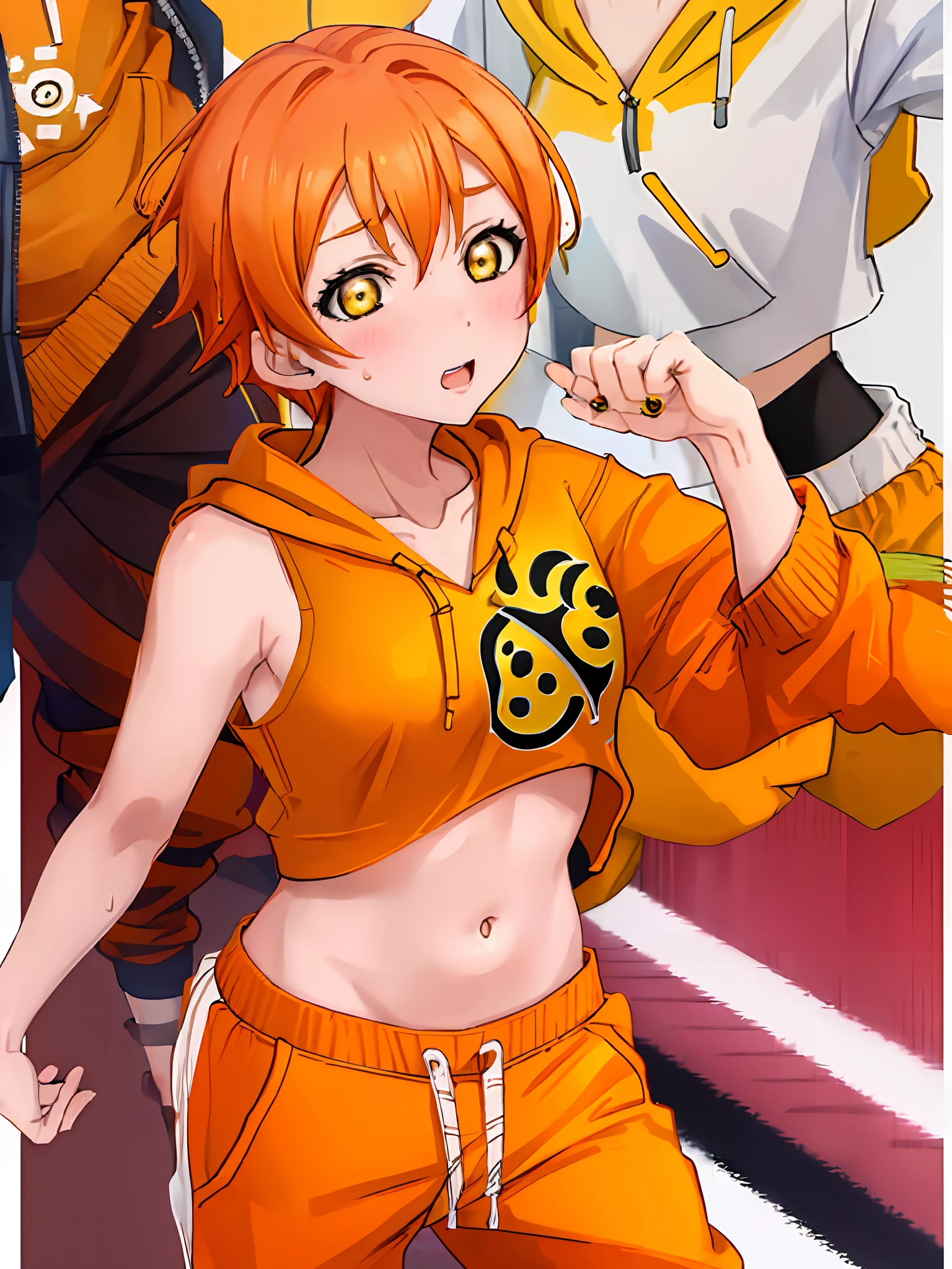 1 girl, Hoshizora rin, yellow eyes, orange hair, (wearing a cropped hoodie, sweatpants:1.5)