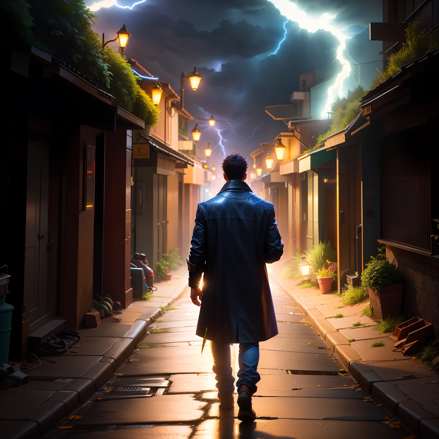 Arafed man walking down a street at night with lightning in the sky, cinematic atmospheric photo, cinematic lightning and colors, Detailed lighting and thunder, dramatic cinematic shot, standing in a dark alleyway, beautiful and cinematic lighting, cinematographic lightning, dramatic sci-fi movie still, vivid cinematic lightning, standing in an alleyway, cinematic lighting at night