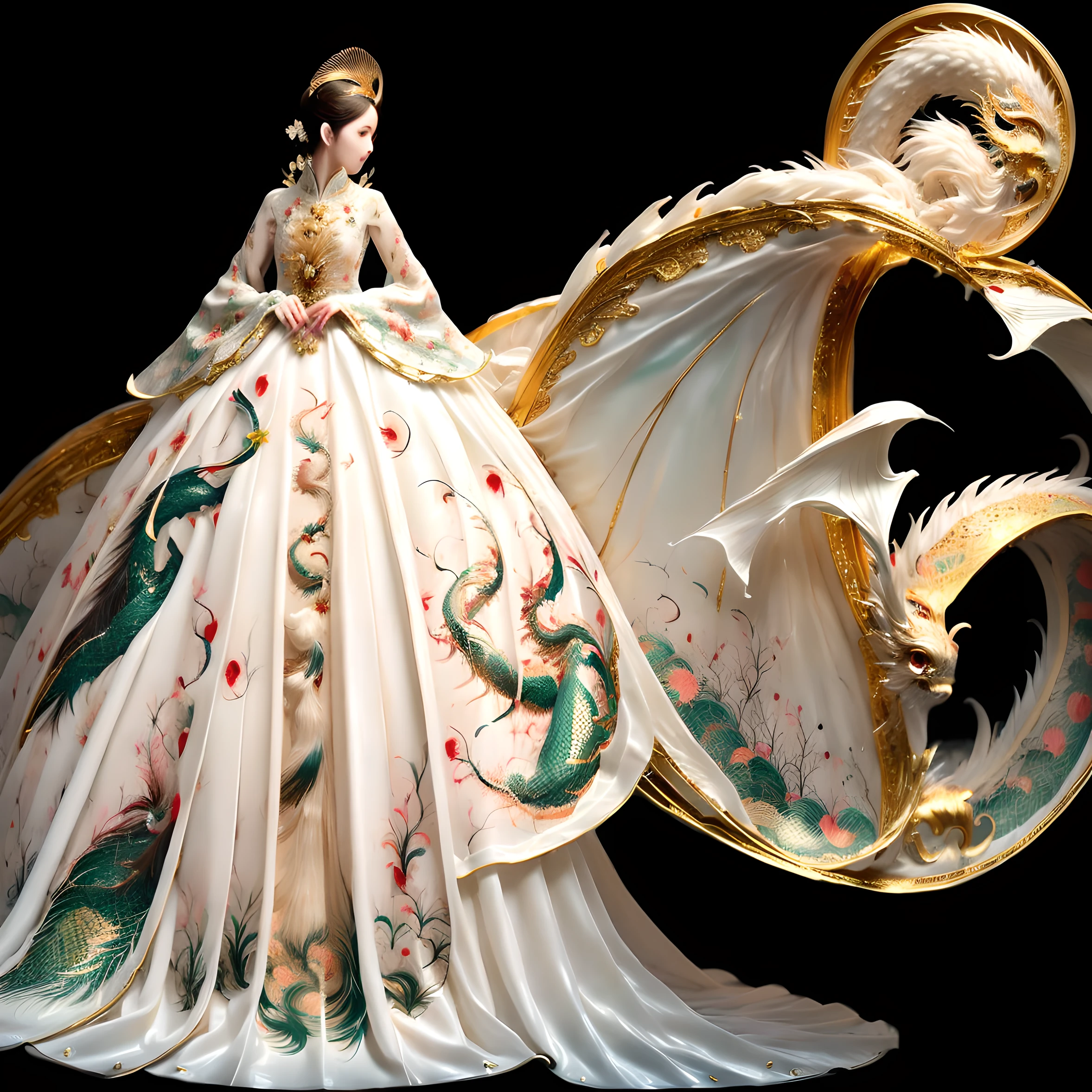 (masterpiece), (best quality), (super delicate), (illustration), (extremely delicate and beautiful), (dynamic angle), white and black highlights, (legendary Dragon queen:1.3),(complex details) ,golden eyes, green pupils, delicate face,messy floating hair, messy hair, focus, perfect hands, (fantasy wind),handsome shape,((((The flames burning behind the young woman)))), (the battlefield behind the young woman:1.2), (((Bloody))),long hair:1.2,hair stick:1.2,bun:1.2, full body:1.2,dragon horn:1.2,(((flowing))),nhjy, a white dress with gold accents on a mannequin