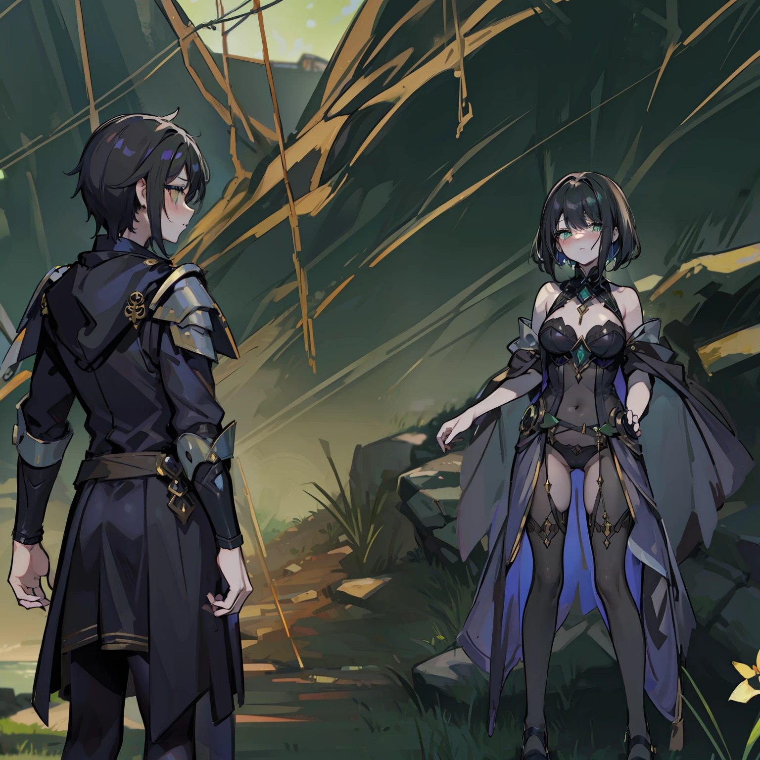 1female, solar light nymph, blush, green eyes, black hair, black panties, bodice, talking with 1male, mage, dark energies, hooded.