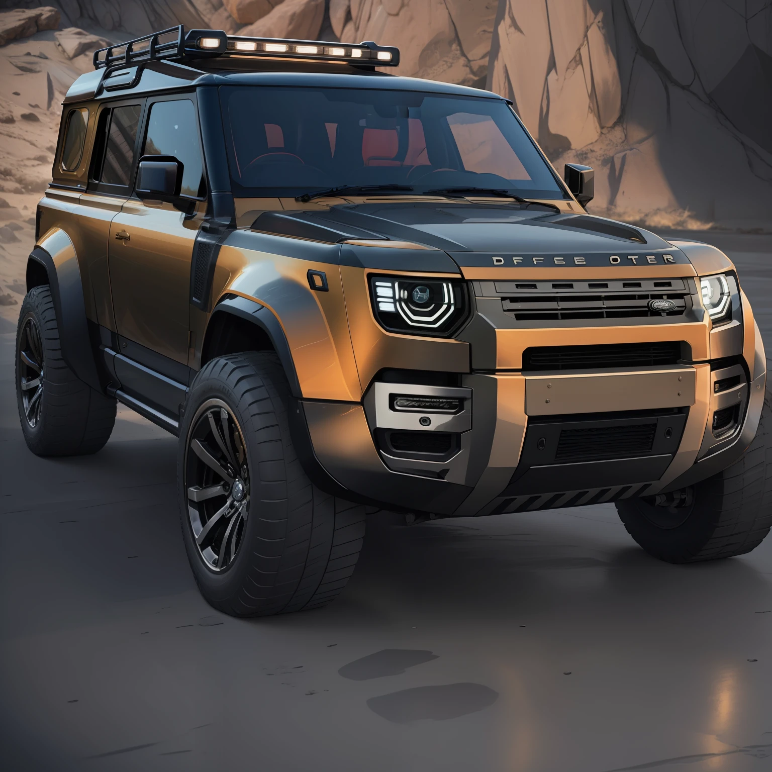 A cinematic photorealistic color digital drawing of 2022 Land Rover Defender, extreme modified and styled by Kahn Design, insanely detailed and intricate, crisp sharp and clear, volumetric lighting, ultra-high resolution, masterpiece hyper realistic artwork Frank Bellamy, centered, Professional color grading by Kenneth Hines Jr.