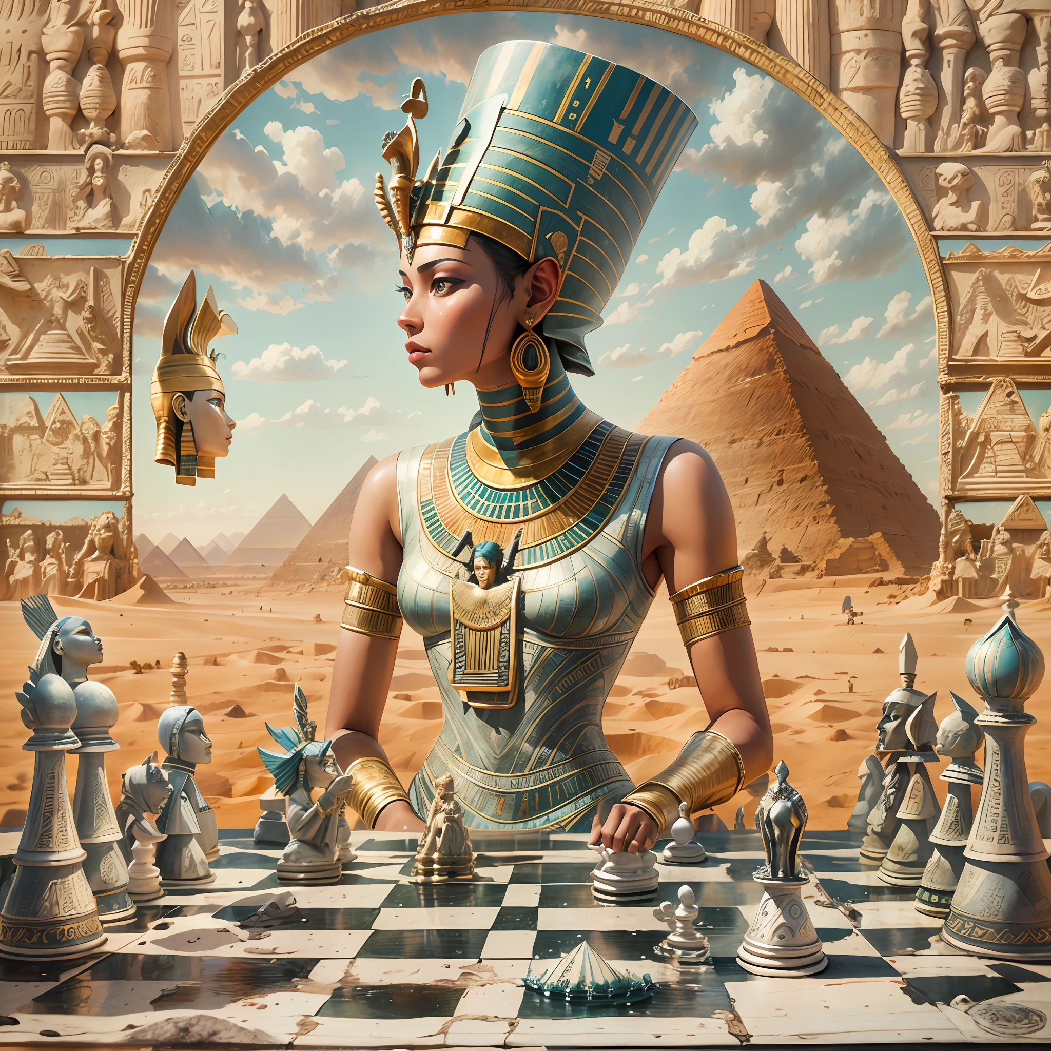 complex 3d render ultra detailed of a beautiful porcelain profile woman android face, cyborg, robotic parts, painting of a pharaoh and a chess board in a desert, egypt themed art, surreal chess, egyptian setting, egyptian atmosphere, pharaoh, pharoah, surreal oil on canvas, egyptian landscape, surrealistic painting, pyramids, egyptian style, sphinx in distance, surreal painting, ancient egypt painting, checkerboard horizon, surreal oil painting, by Wayne England, by David Burton-Richardson