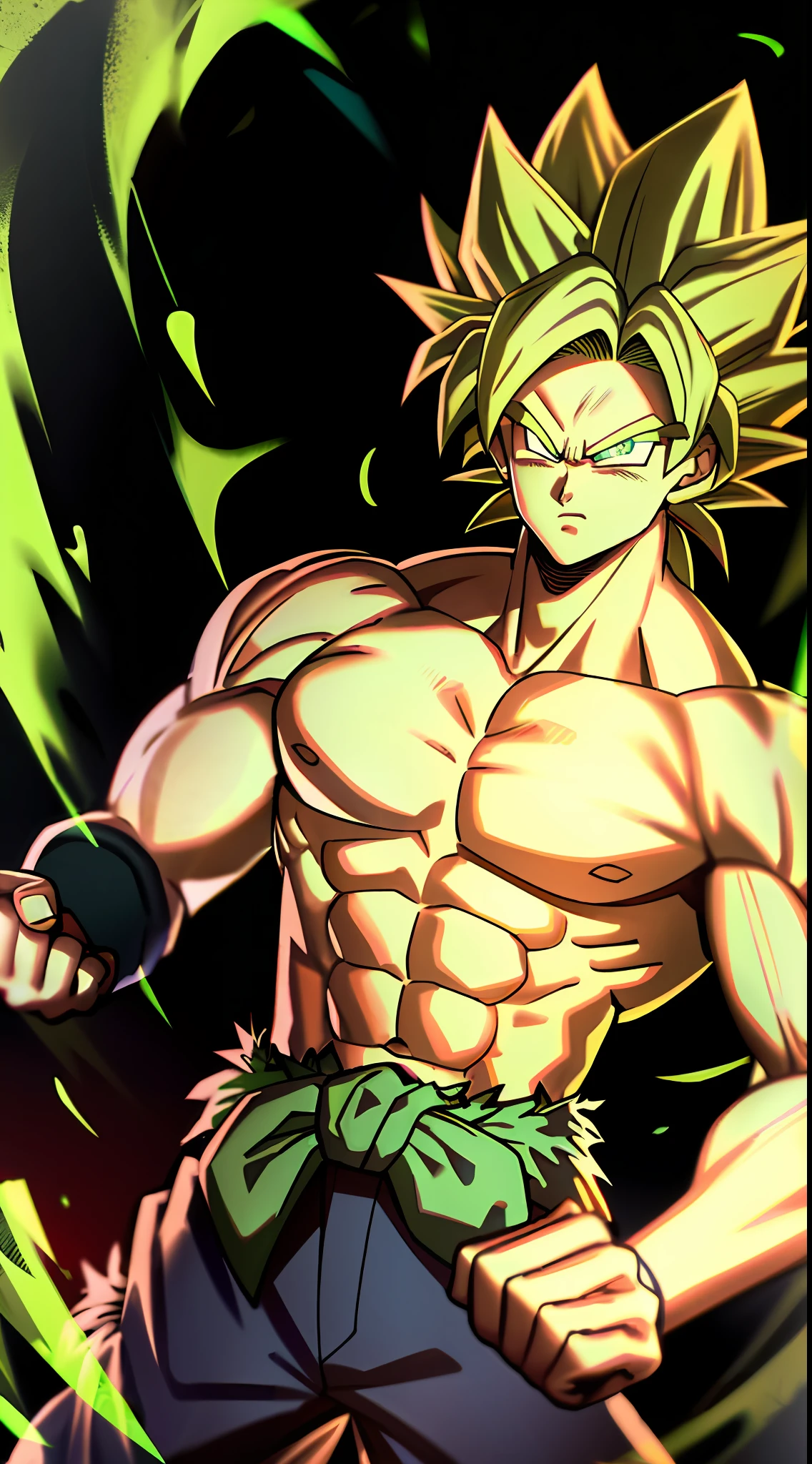 Broly, 1boy, closed mouth, male focus, muscular, muscular male, rock, sash, serious, solo, spiked hair, topless male, torn clothes, legendary super saiyan, green eyes, green hair, ((masterpiece))