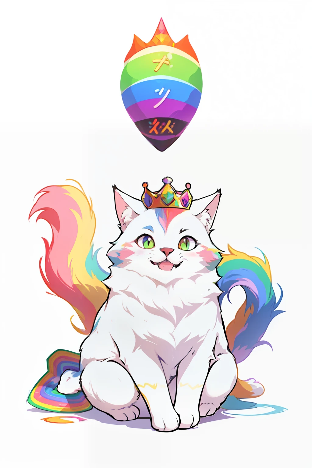 cute ultra fluffy rainbow cat, wearing crown, soft animation render, white background